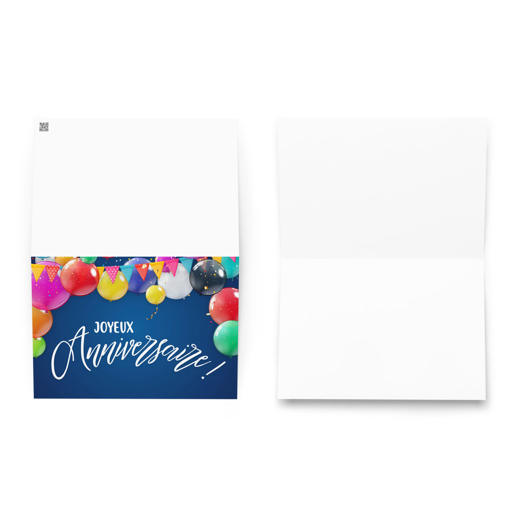 French birthday greeting card featuring "Joyeux Anniversaire" text in white script on navy blue background, decorated with colorful balloons in pink, red, yellow, green, purple, and blue, along with festive bunting banners and confetti