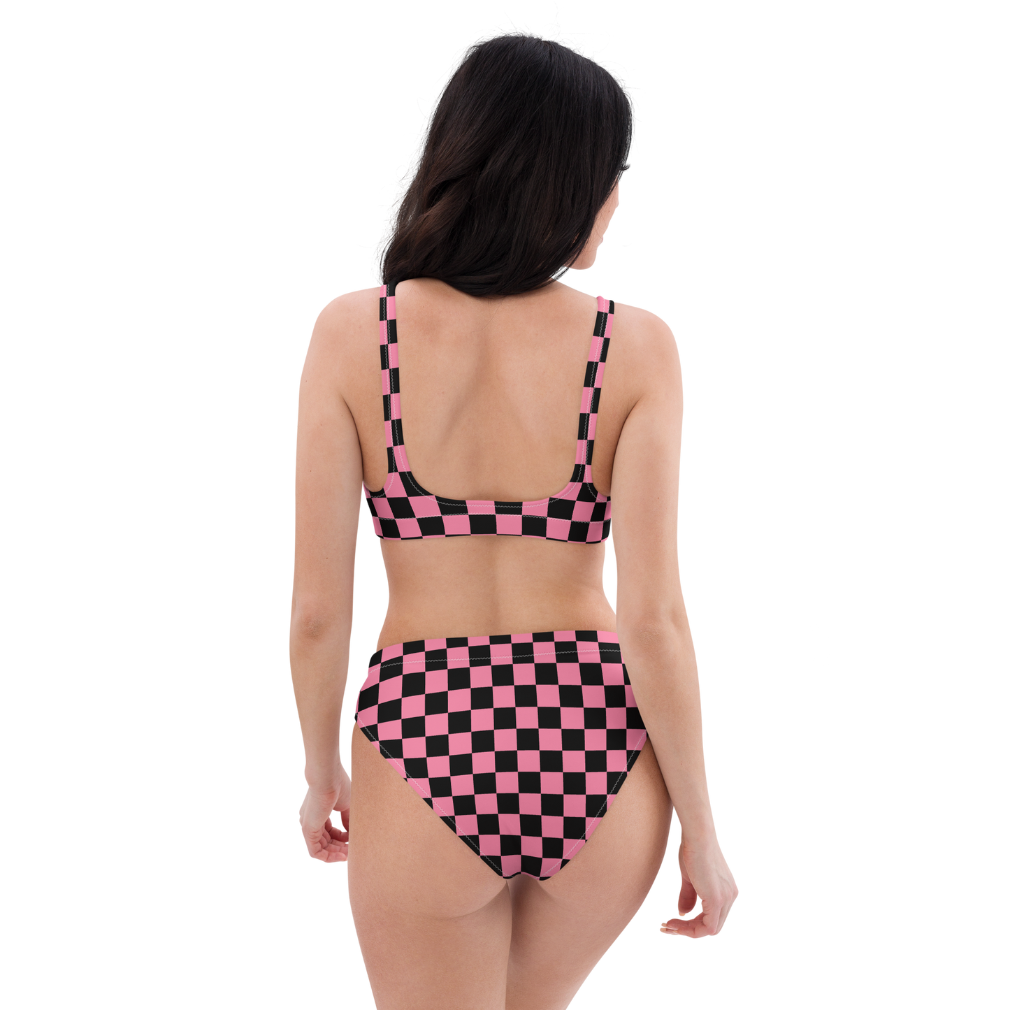 Pink and black checkered high-waisted bikini
