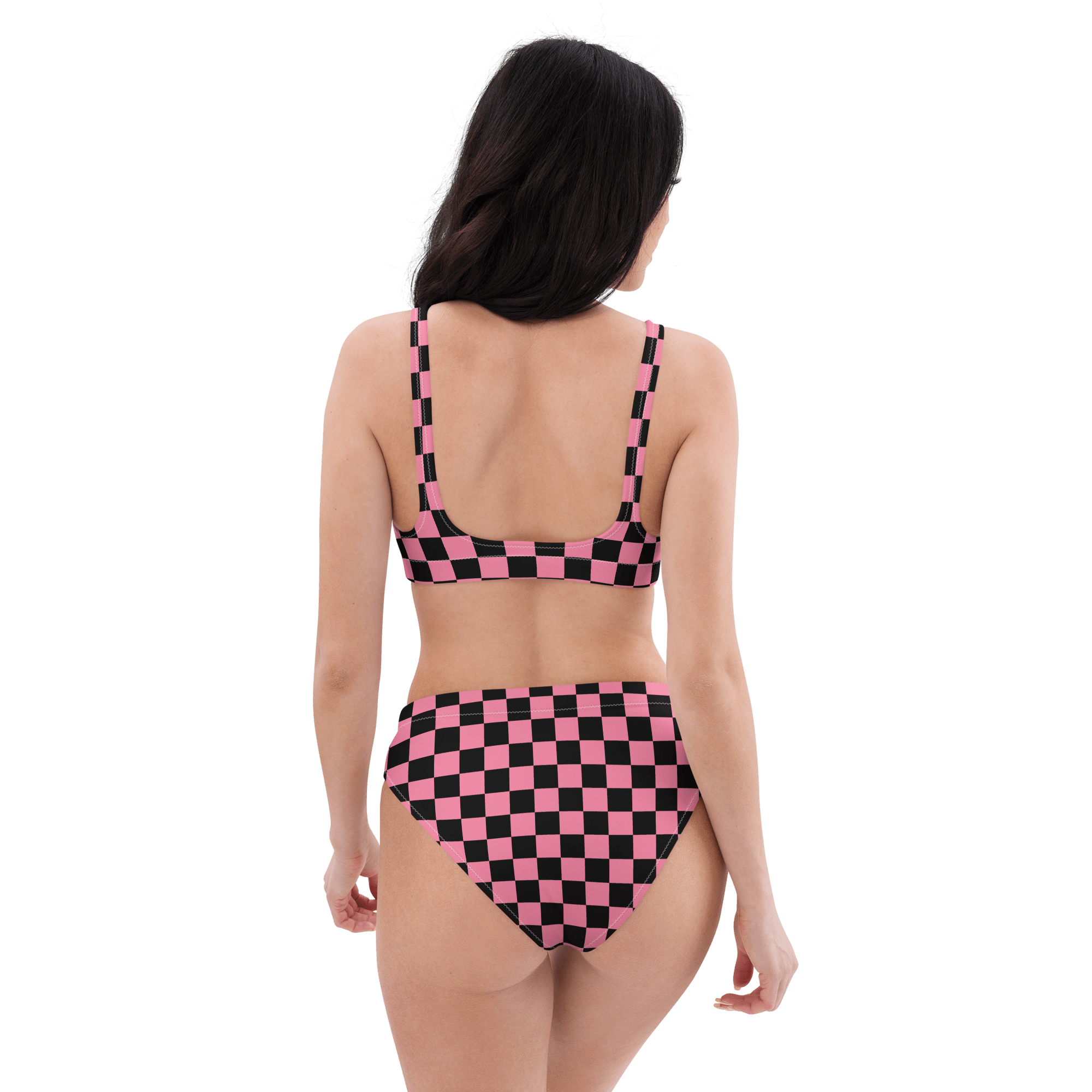 Pink and black checkered high - waisted bikini