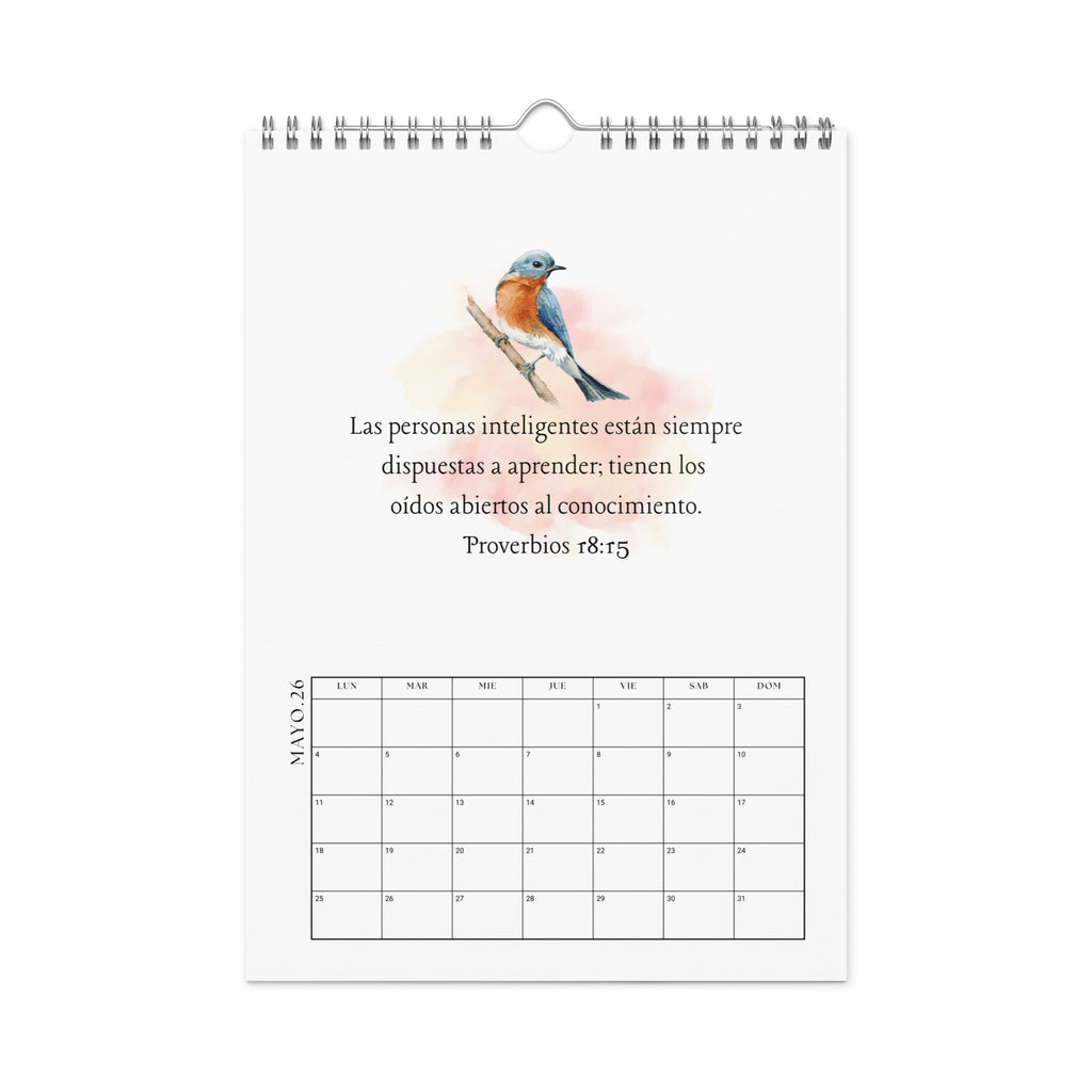 Interior page of Spanish calendar showing a watercolor nature illustration and Spanish Bible verse 