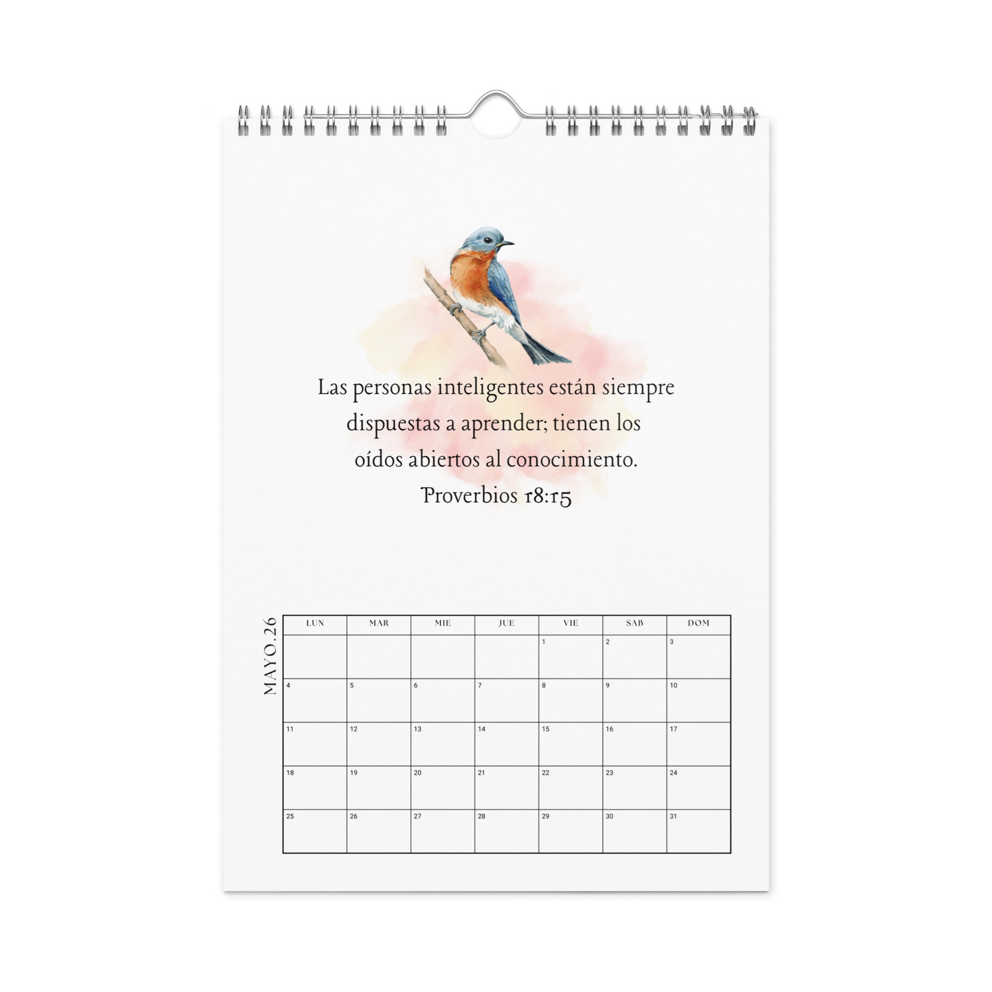 Interior page of Spanish calendar showing a watercolor nature illustration and Spanish Bible verse 