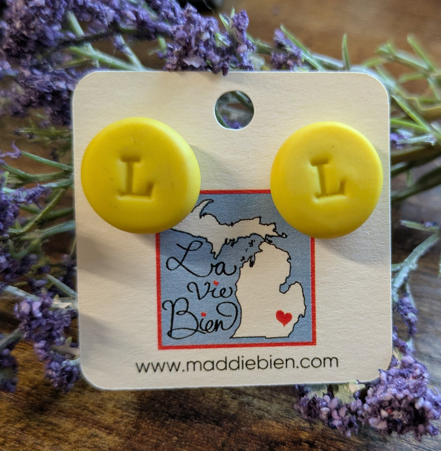 Dainty yellow letter L clay initial letter earrings