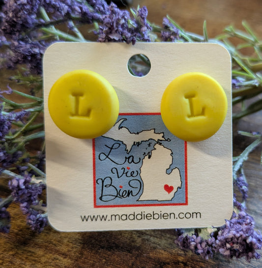 Dainty yellow letter L clay initial letter earrings