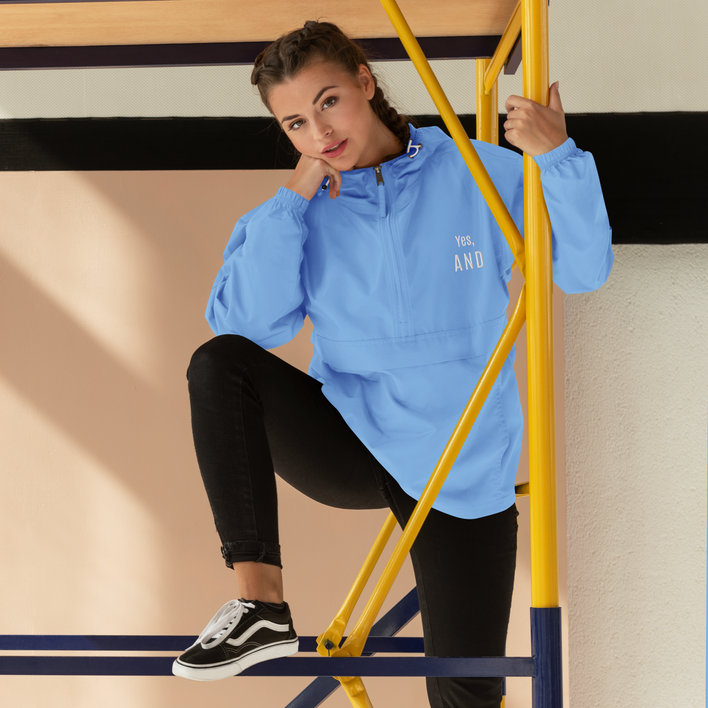 Yes, AND Embroidered Champion Packable Jacket, for improv lovers