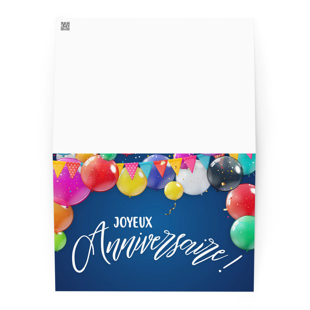 French birthday greeting card featuring "Joyeux Anniversaire" text in white script on navy blue background, decorated with colorful balloons in pink, red, yellow, green, purple, and blue, along with festive bunting banners and confetti