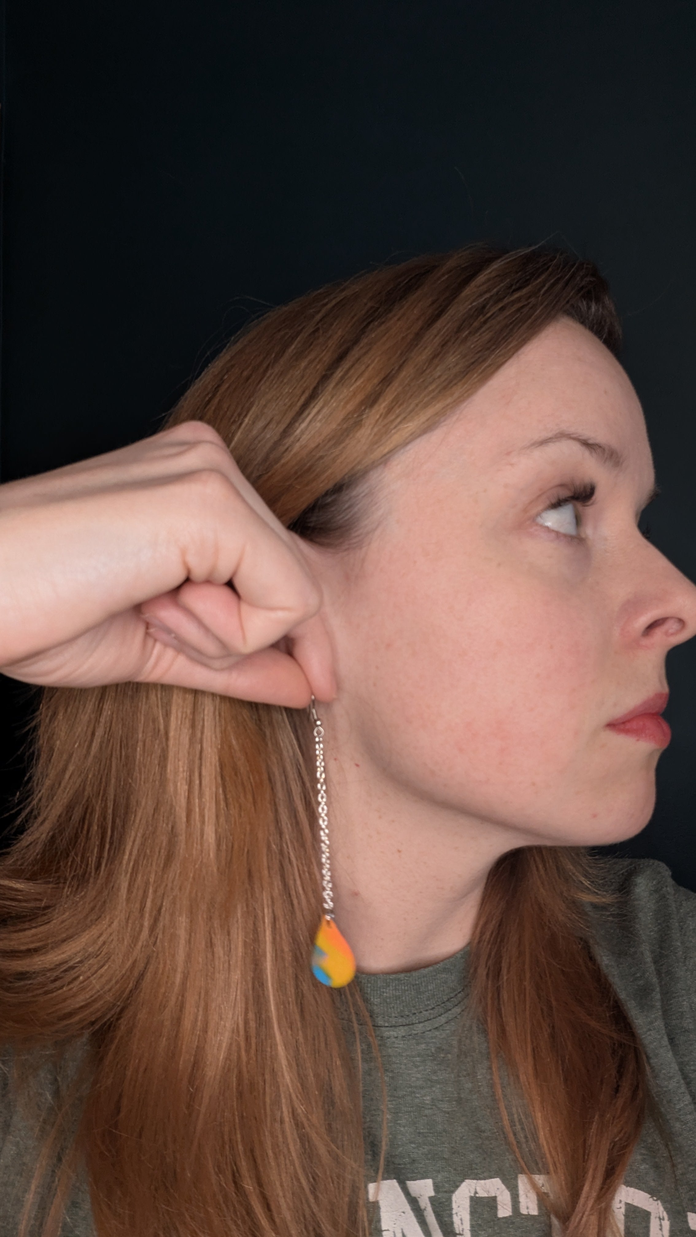 Neon vibes dangle earrings, for pierced ears, handmade jewelry perfect for gifting, made in Michigan USA. Yellow blue and pink colorful