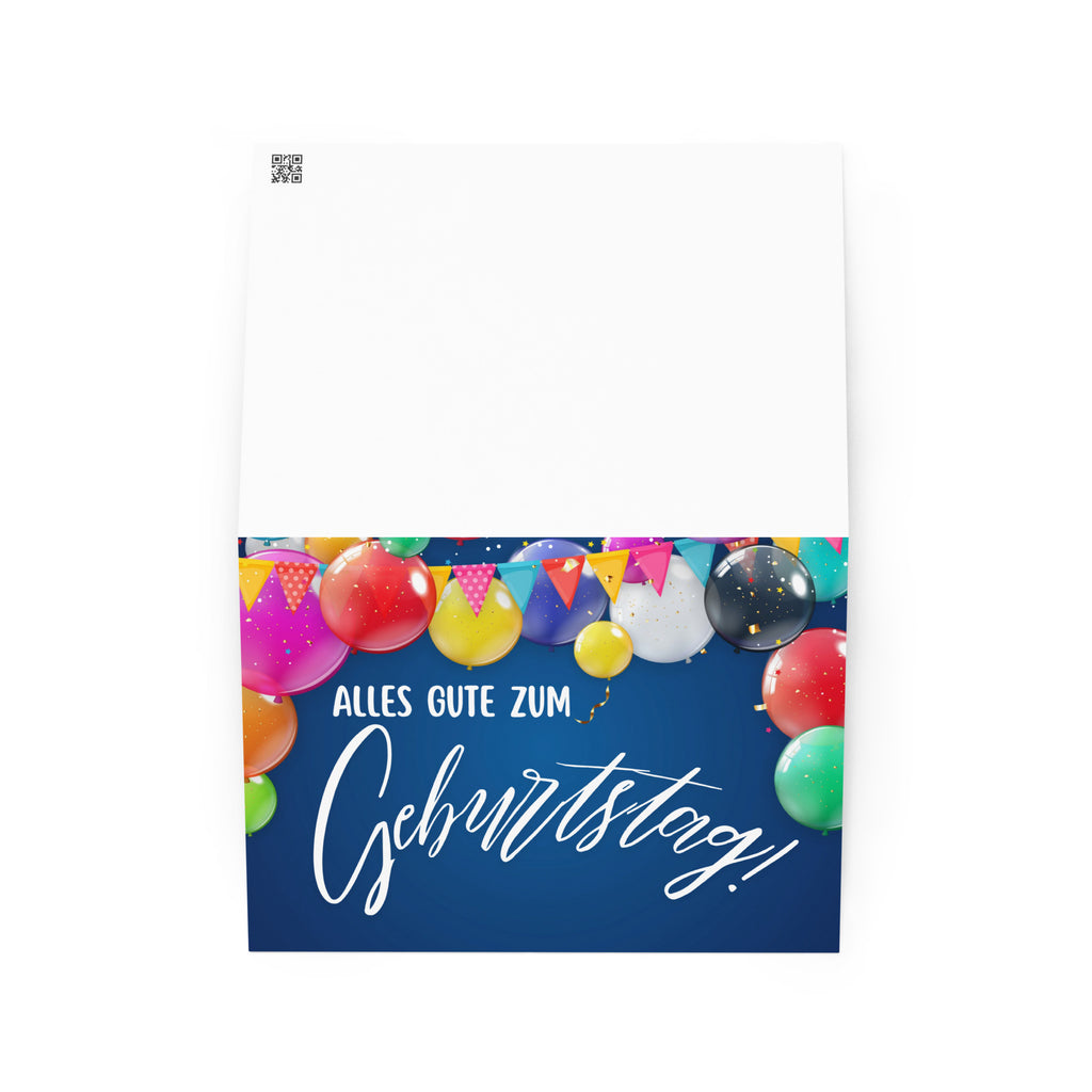 German birthday greeting card featuring "Alles Gute zum Geburtstag" text in white script on navy blue background, decorated with colorful balloons in pink, red, yellow, green, and blue, along with festive bunting banners and confetti