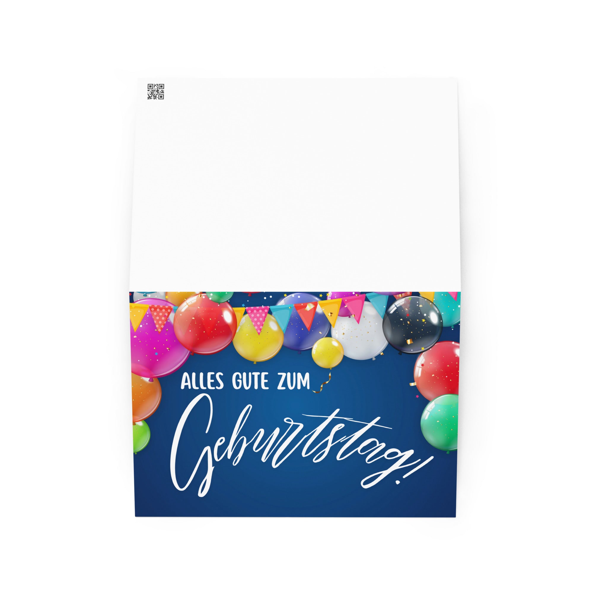 German birthday greeting card featuring "Alles Gute zum Geburtstag" text in white script on navy blue background, decorated with colorful balloons in pink, red, yellow, green, and blue, along with festive bunting banners and confetti