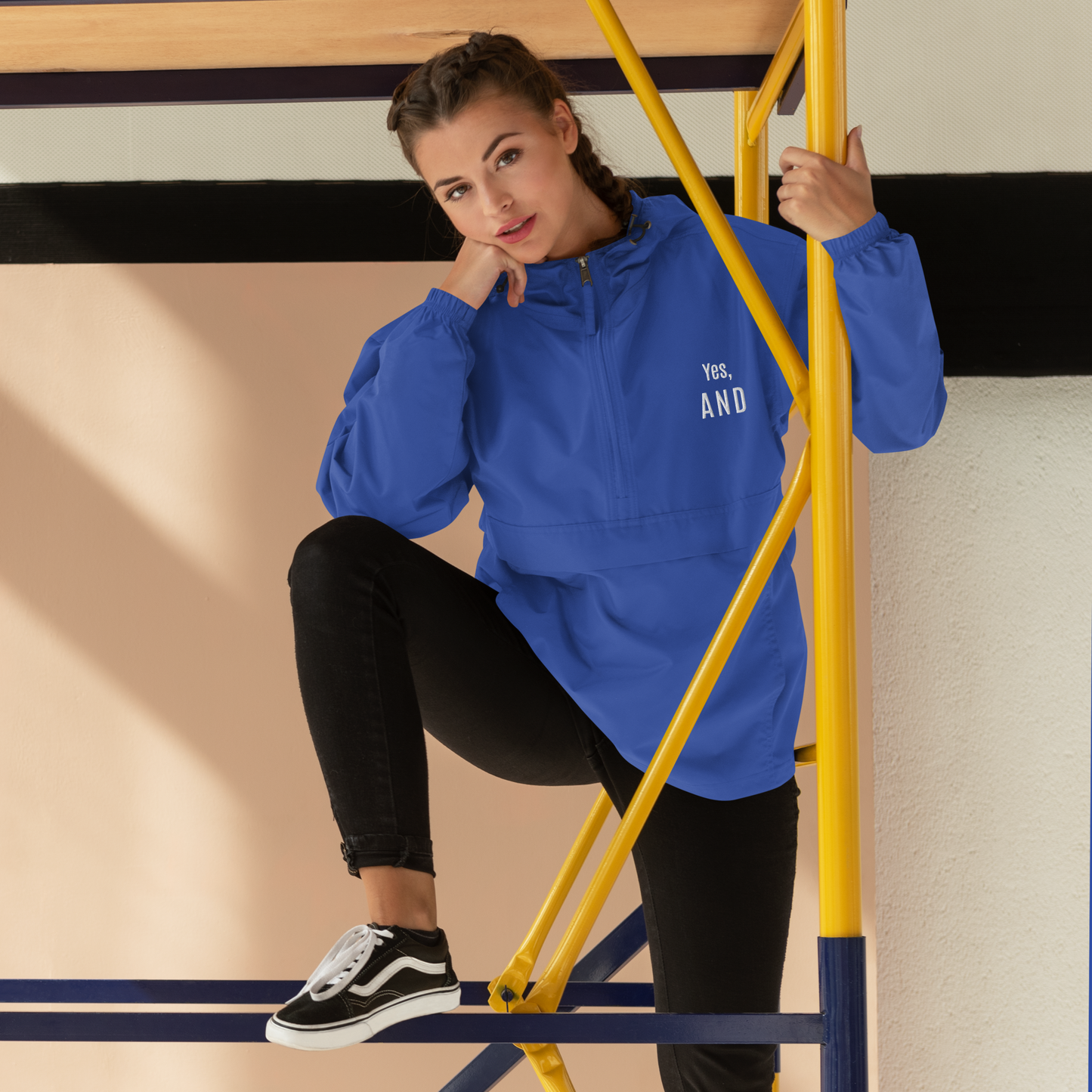 Yes, AND Embroidered Champion Packable Jacket, for improv lovers