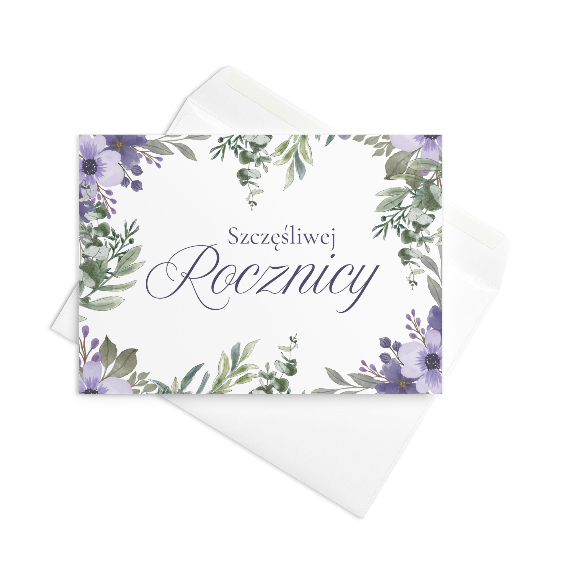 Polish anniversary greeting card featuring "szczęśliwej rocznicy" text in elegant script on white background, decorated with watercolor purple flowers and green botanical leaves in corner arrangement