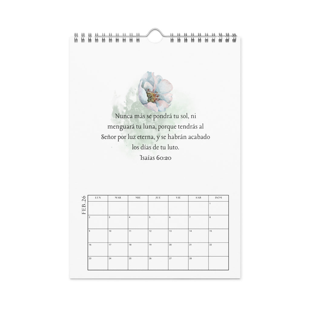 Interior page of Spanish calendar showing a watercolor nature illustration and Spanish Bible verse 