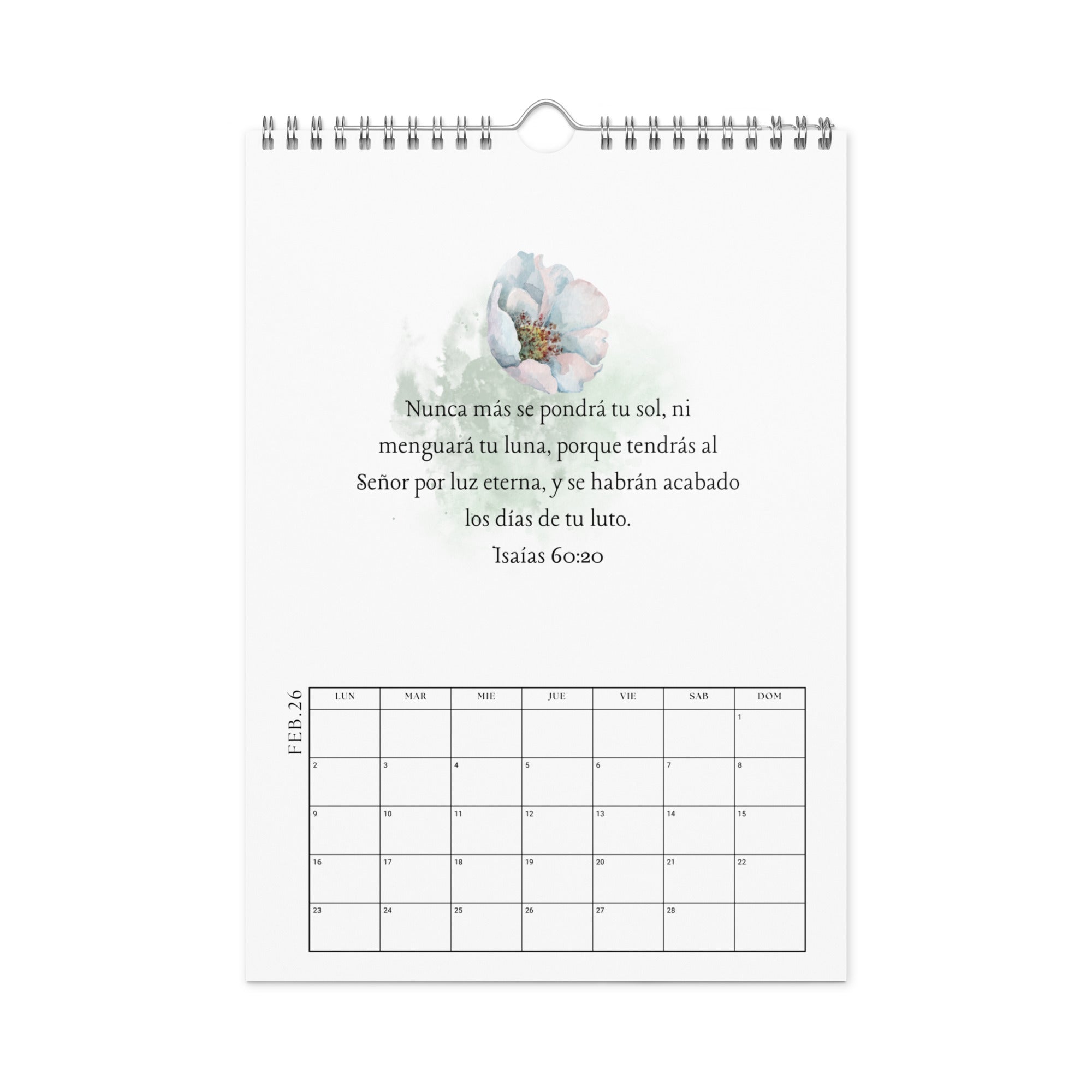 Interior page of Spanish calendar showing a watercolor nature illustration and Spanish Bible verse 