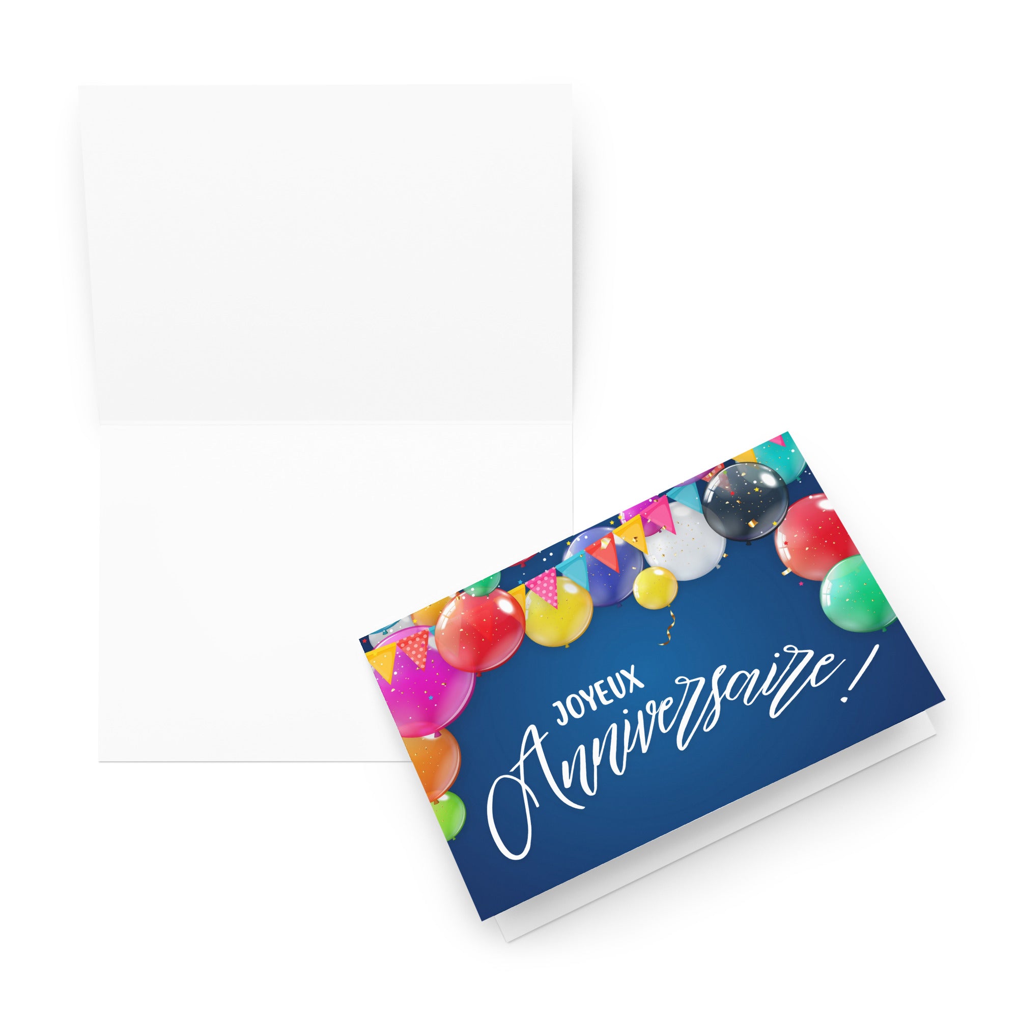 French birthday greeting card featuring "Joyeux Anniversaire" text in white script on navy blue background, decorated with colorful balloons in pink, red, yellow, green, purple, and blue, along with festive bunting banners and confetti