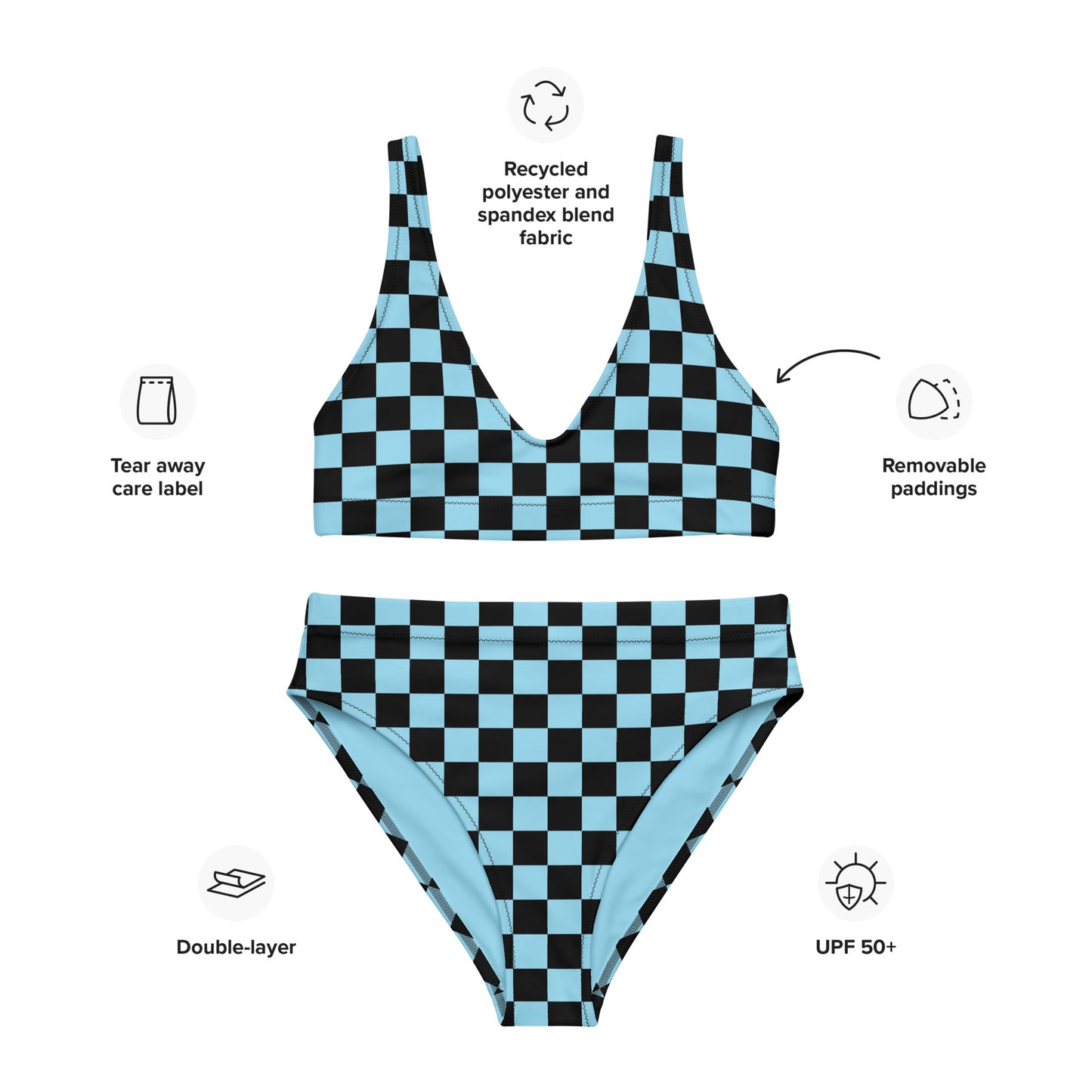 Blue and black checkered high-waisted bikini