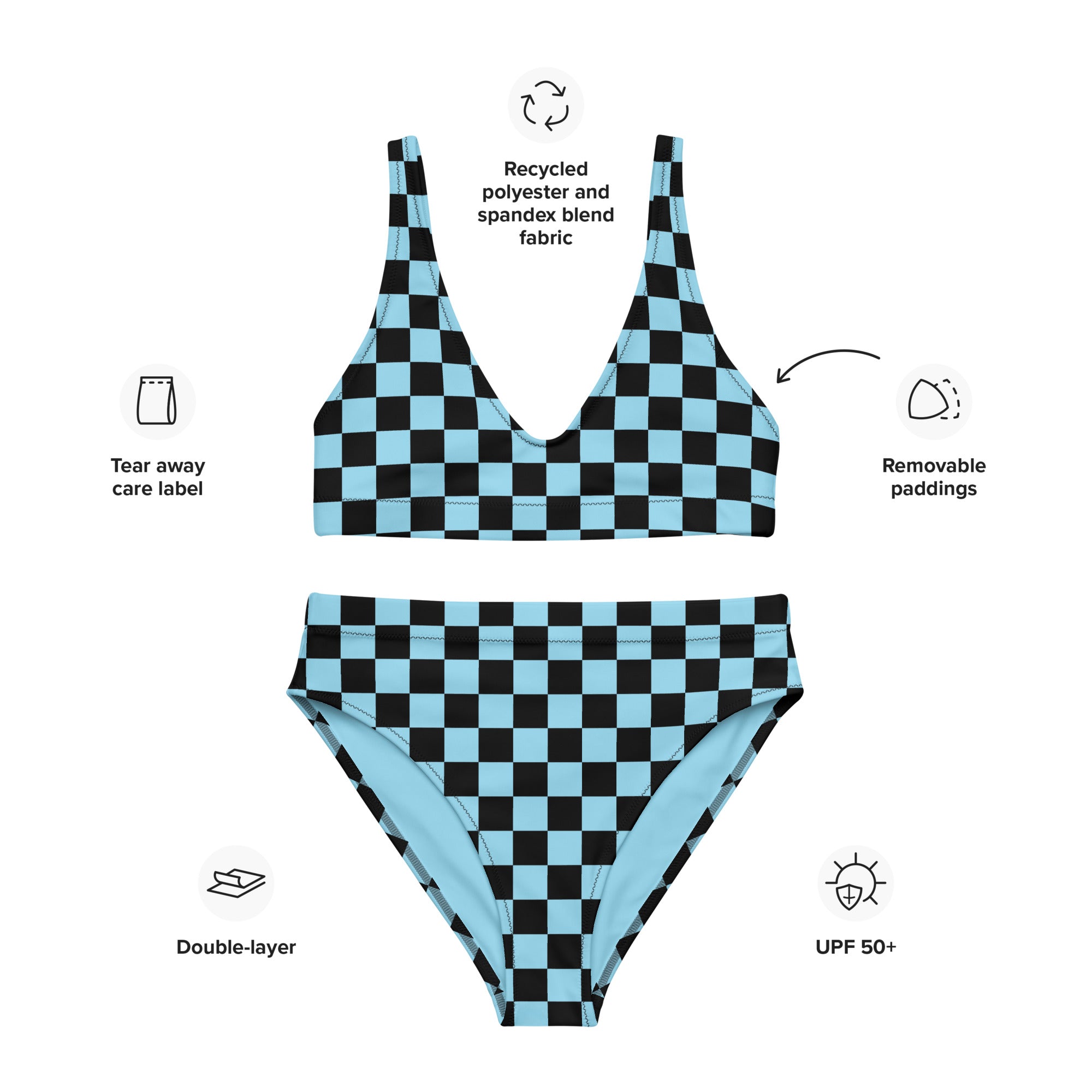 Blue and black checkered high - waisted bikini