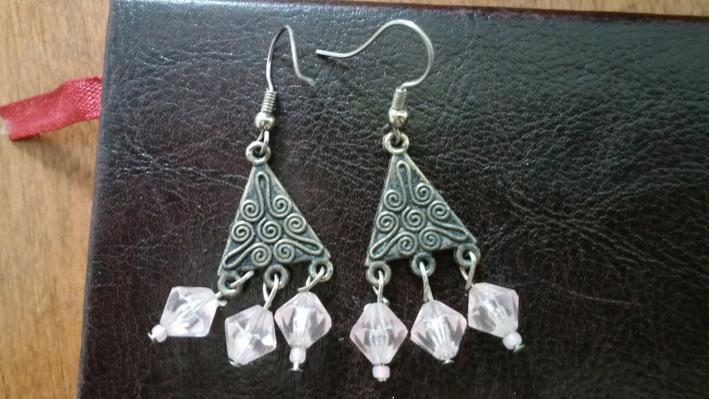 Pink and silver beaded dangle earrings,  for pierced ears, handmade jewelry perfect for gifting, made in Michigan USA