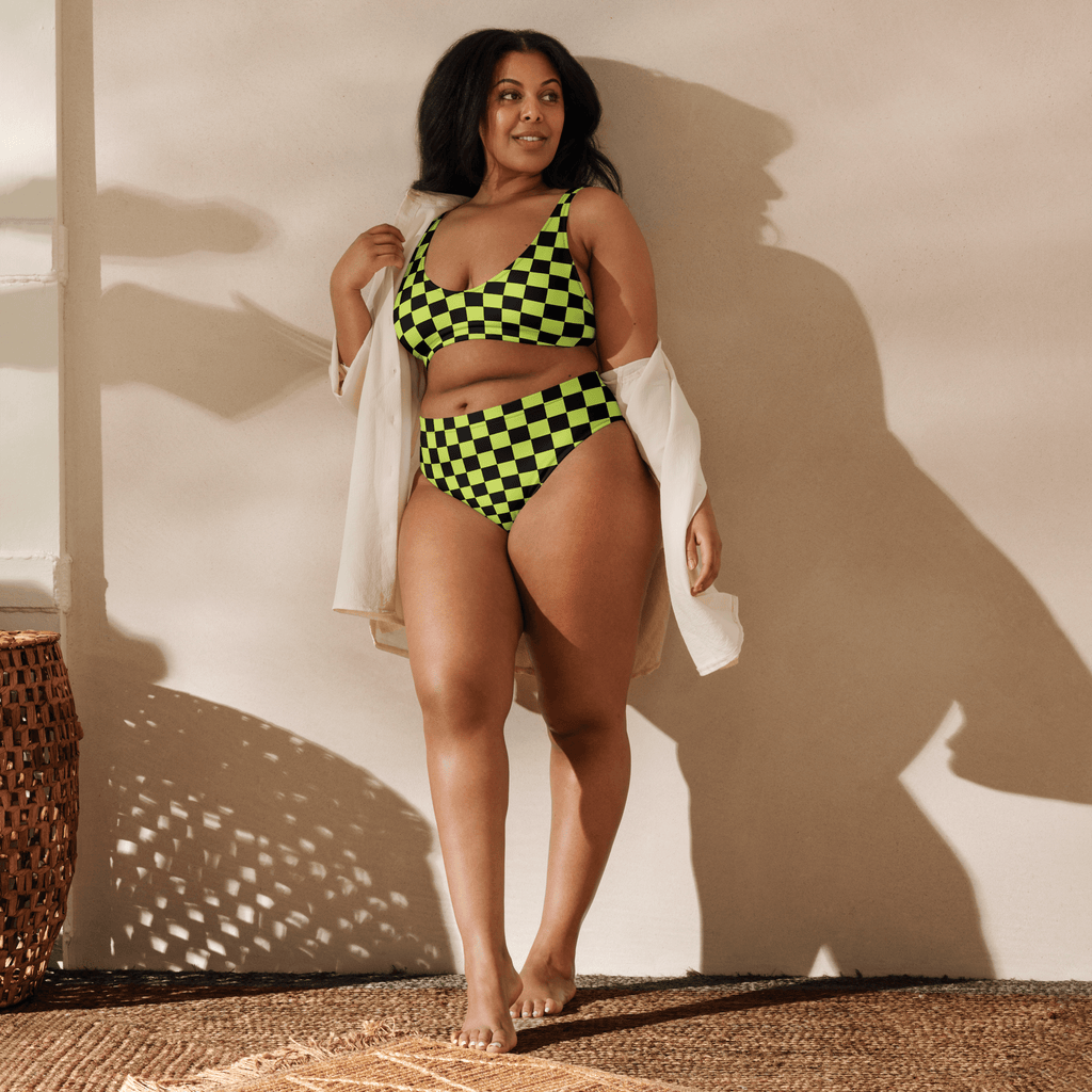 Lime green and black checkered high-waisted bikini