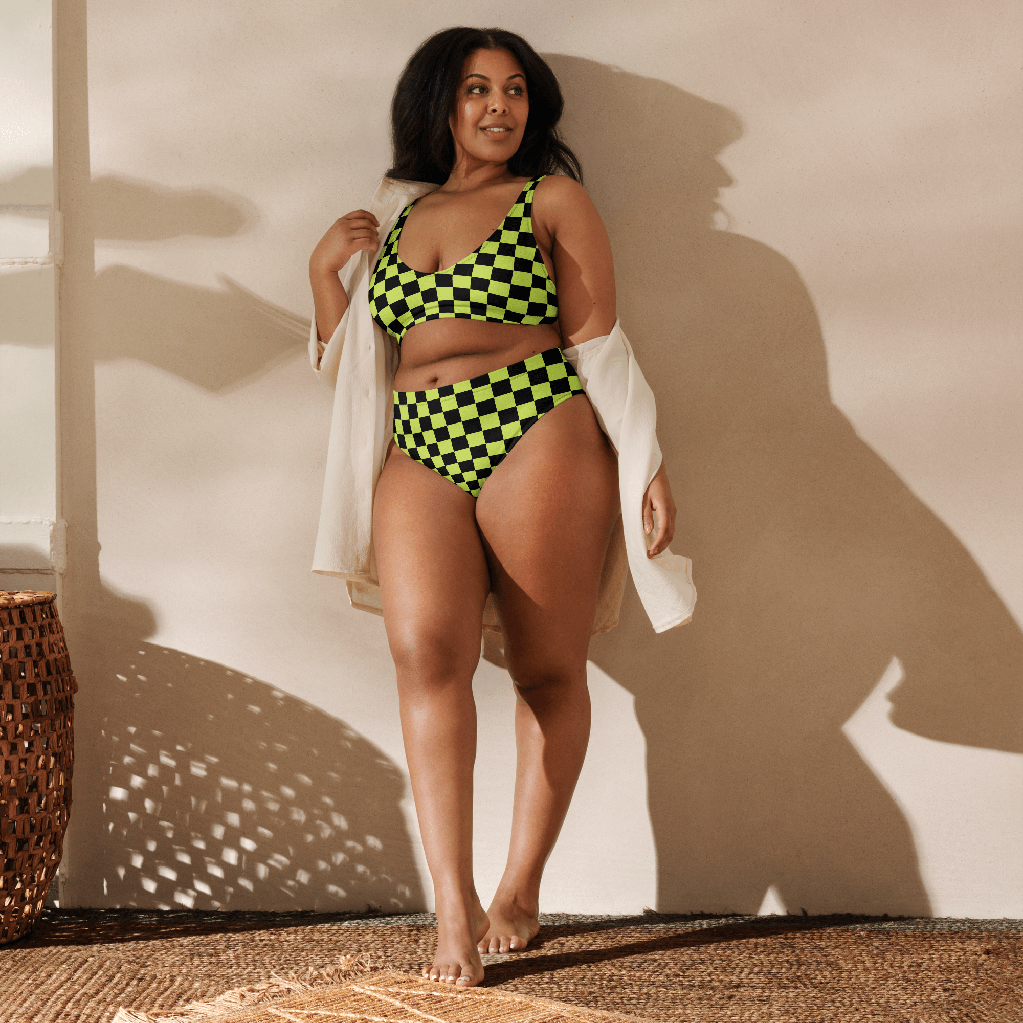 Lime green and black checkered high-waisted bikini