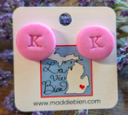 Pink letter K round stamped initial stud earrings, polymer clay