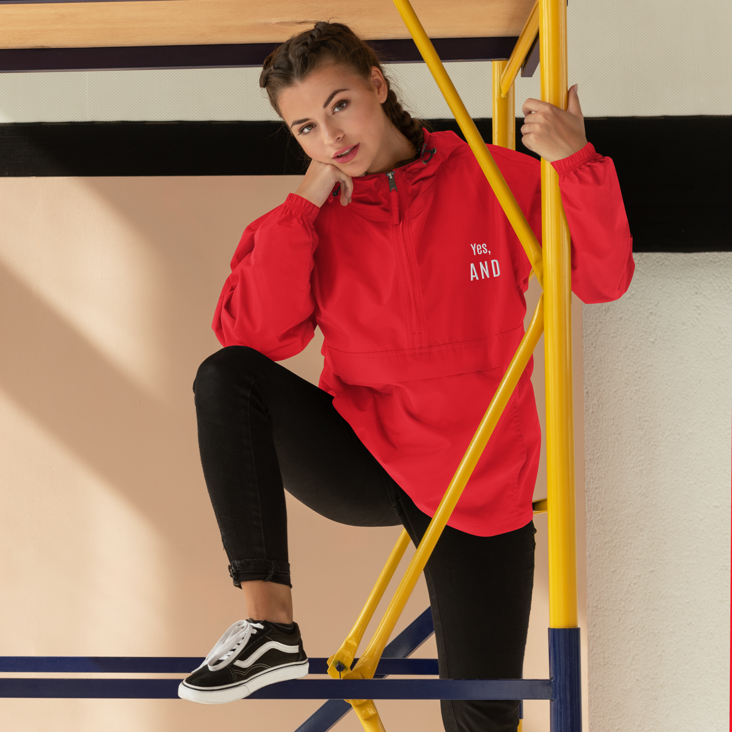 Yes, AND Embroidered Champion Packable Jacket, for improv lovers