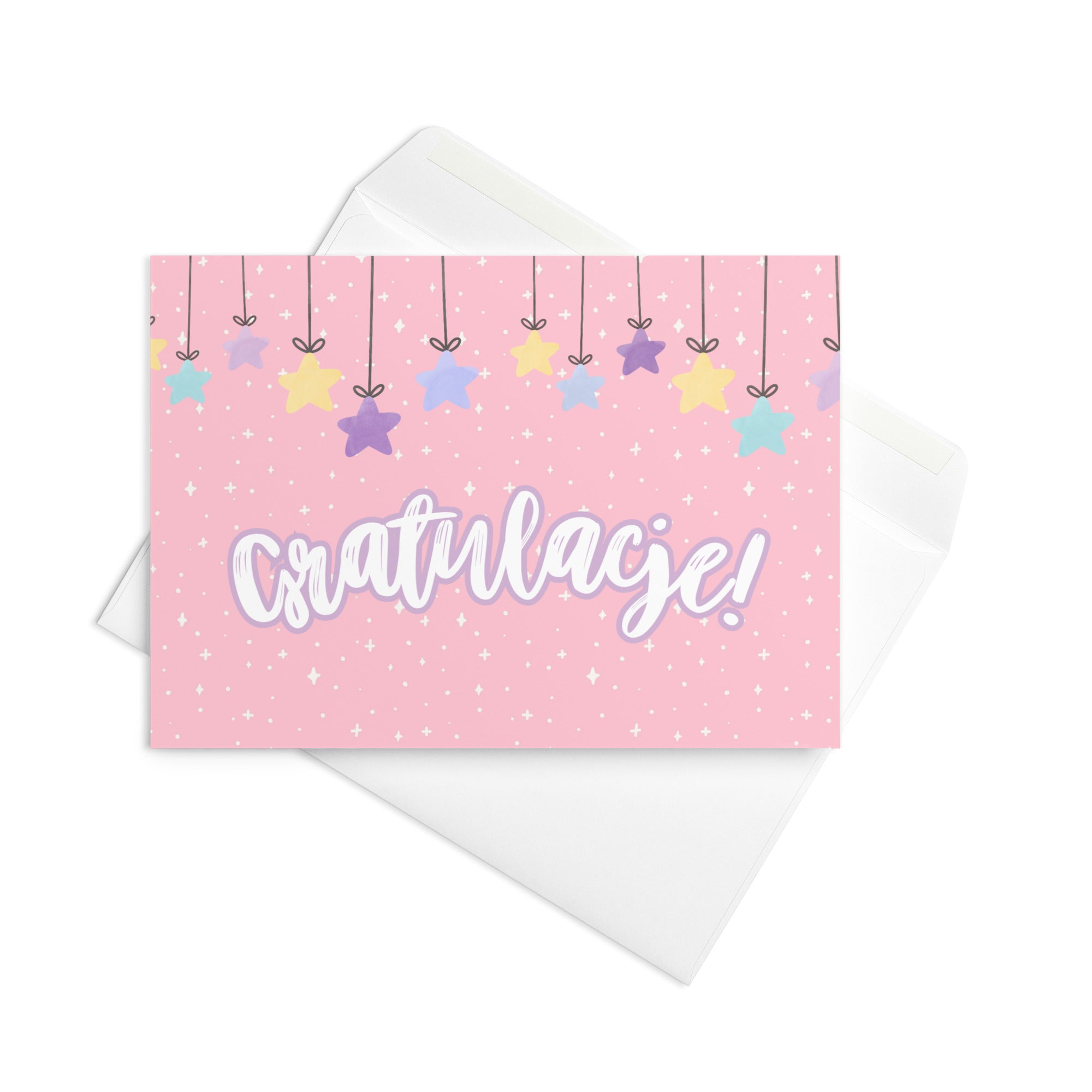 Polish greeting card with pink background featuring "Gratulacje!" text in white script lettering, decorated with hanging colorful stars and small sparkle details throughout