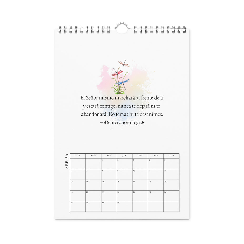Interior page of Spanish calendar showing a watercolor nature illustration and Spanish Bible verse 