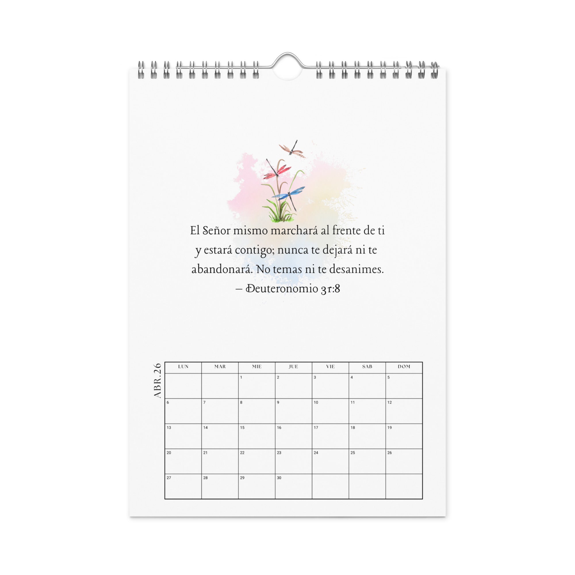 Interior page of Spanish calendar showing a watercolor nature illustration and Spanish Bible verse 
