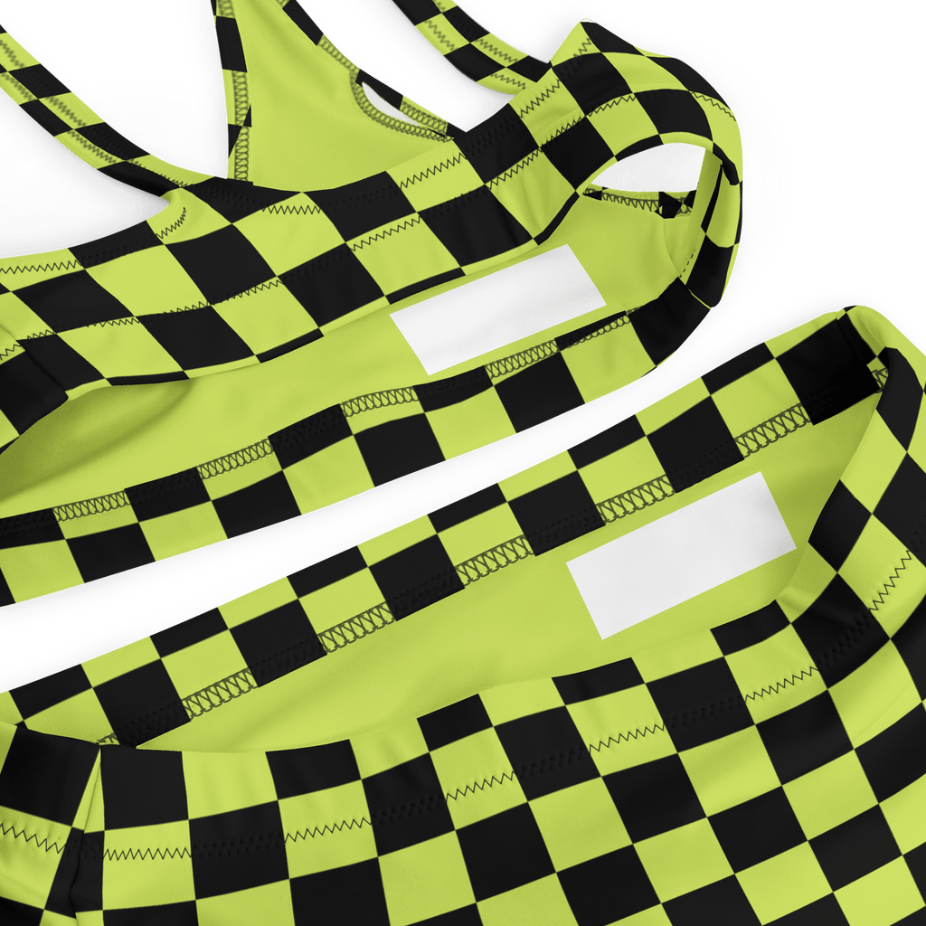 Lime green and black checkered high-waisted bikini