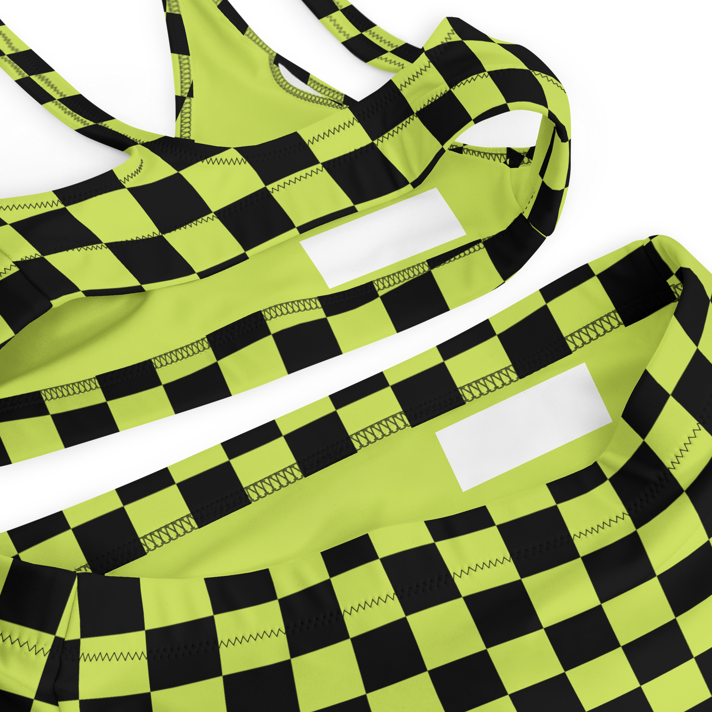Lime green and black checkered high-waisted bikini