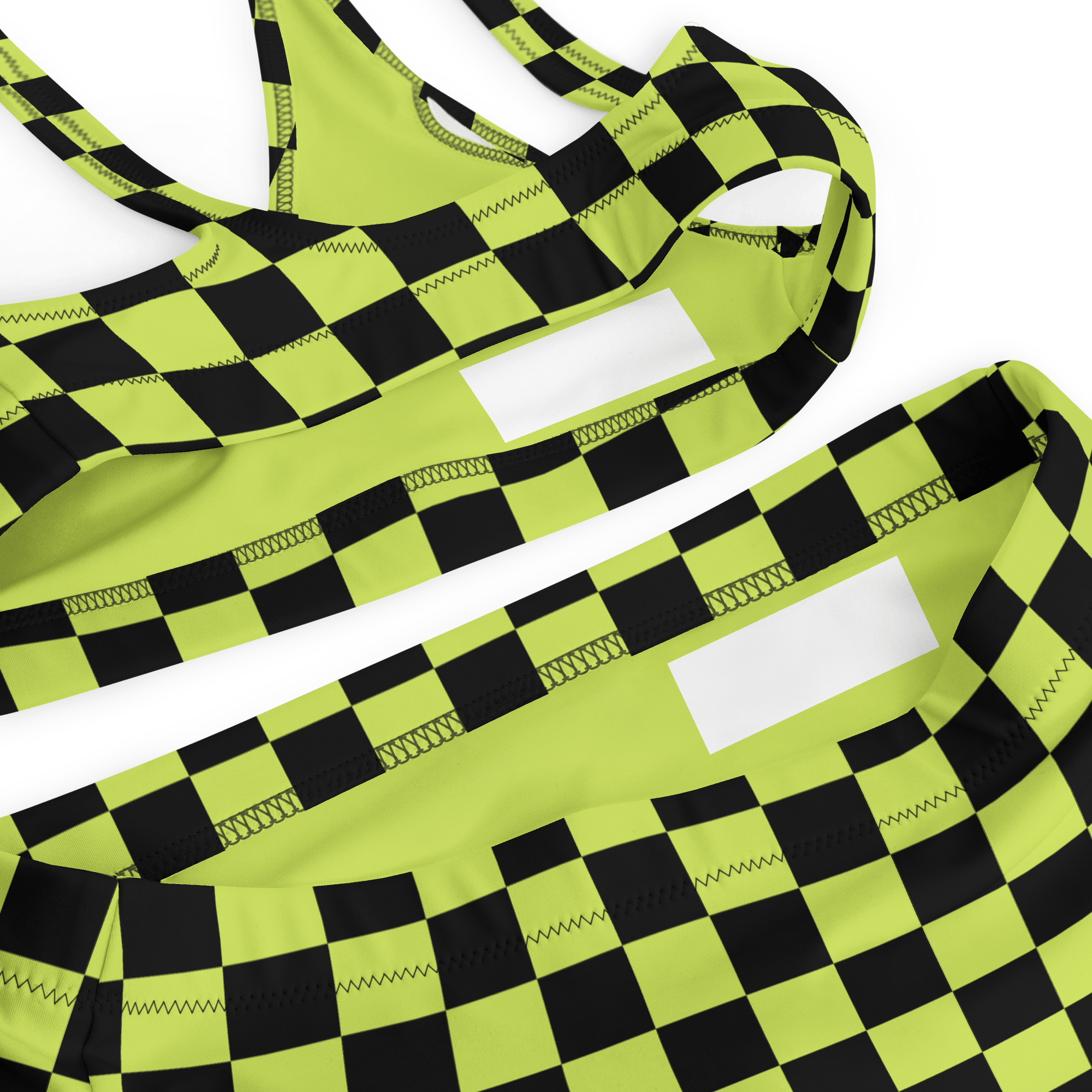 Lime green and black checkered high-waisted bikini