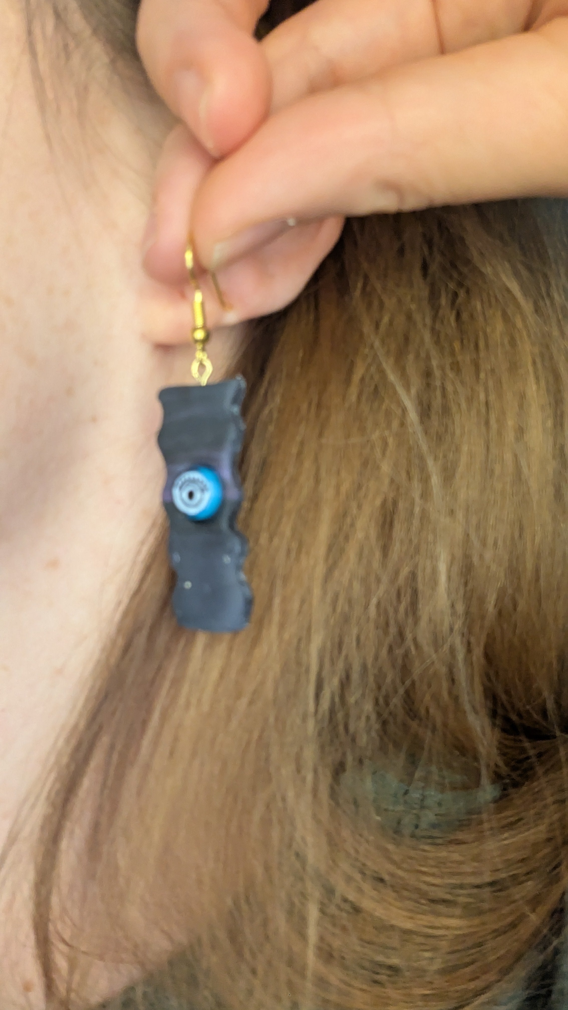 Handmade One-Eyed Dangle Earrings: Dark Purple & Black Jewelry