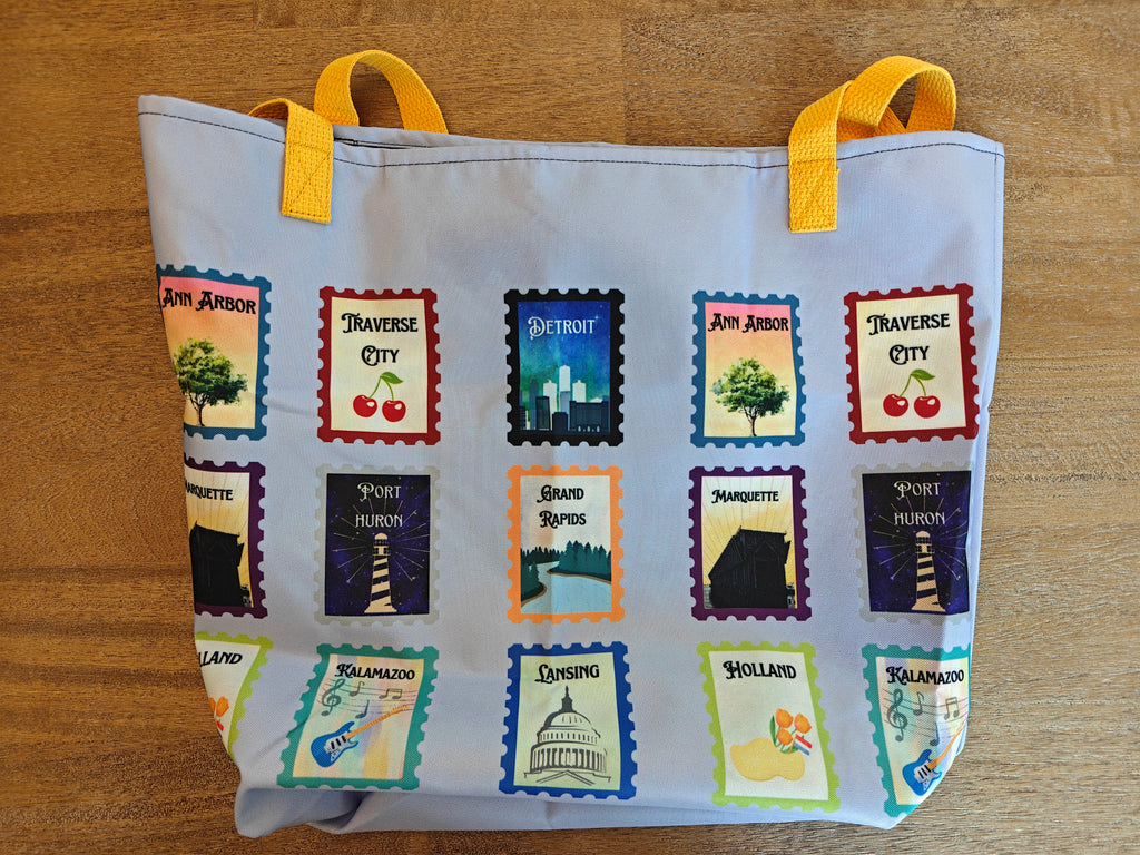 Lilac Michigan cities postage stamps Large Tote Bag for Michigander gifts - Original design by La Vie Bien
