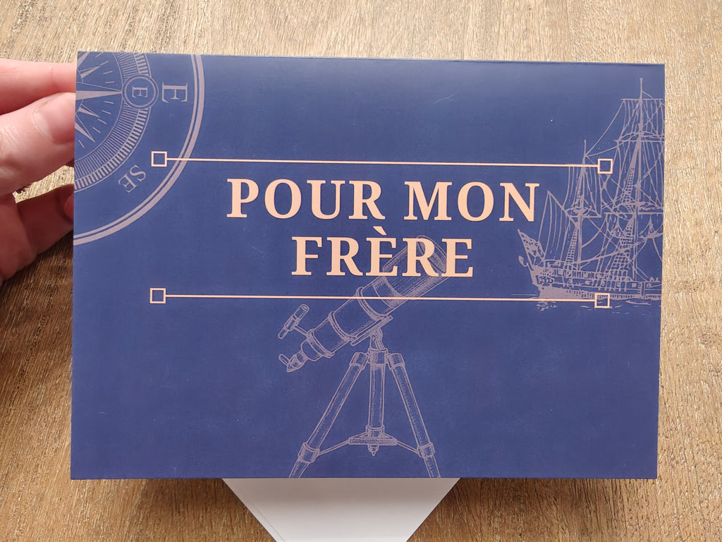 Pour mon frère French brother navigation themed birthday Greeting card, blank inside with envelope