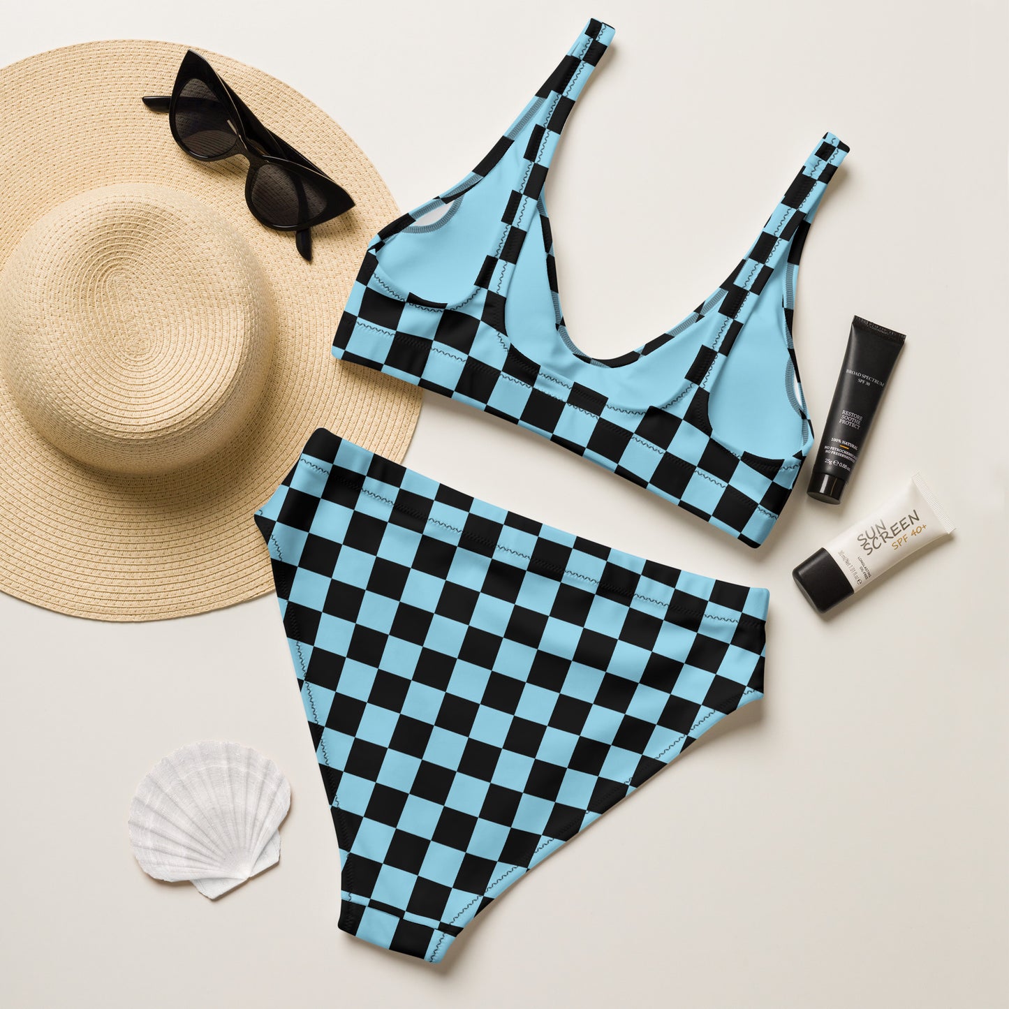Blue and black checkered high-waisted bikini