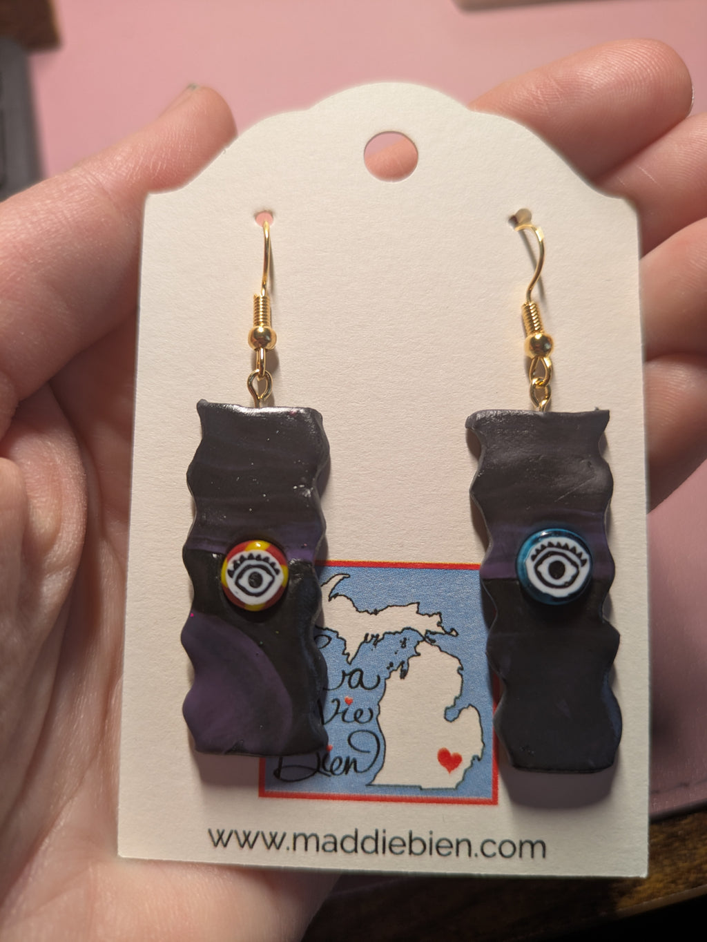 Handmade One-Eyed Dangle Earrings: Dark Purple & Black Jewelry