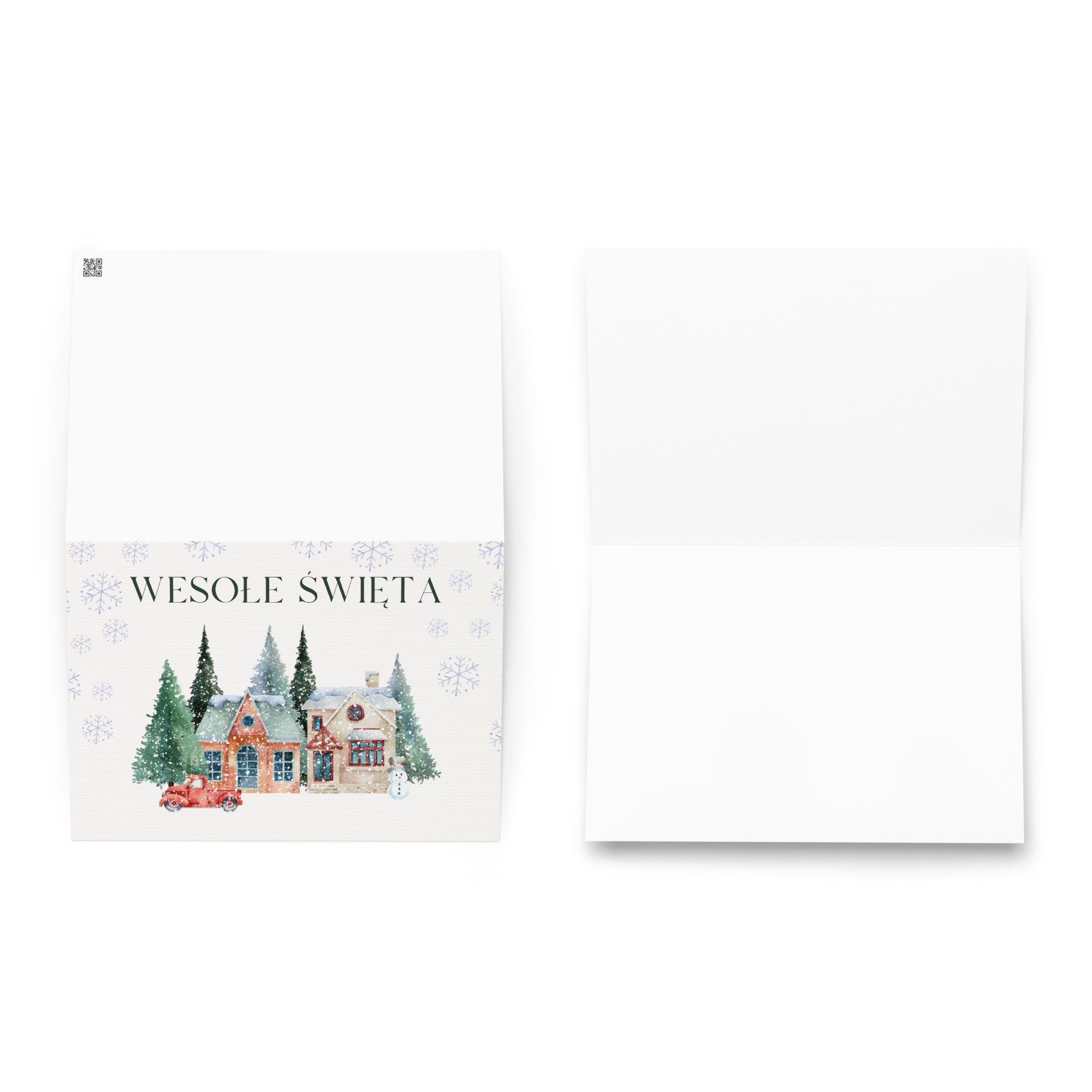 Polish Christmas greeting card featuring "Wesołe Święta" text with watercolor illustration of snowy village scene with cottages, pine trees, snowman, and vintage truck surrounded by delicate snowflake pattern, displayed with white envelope
