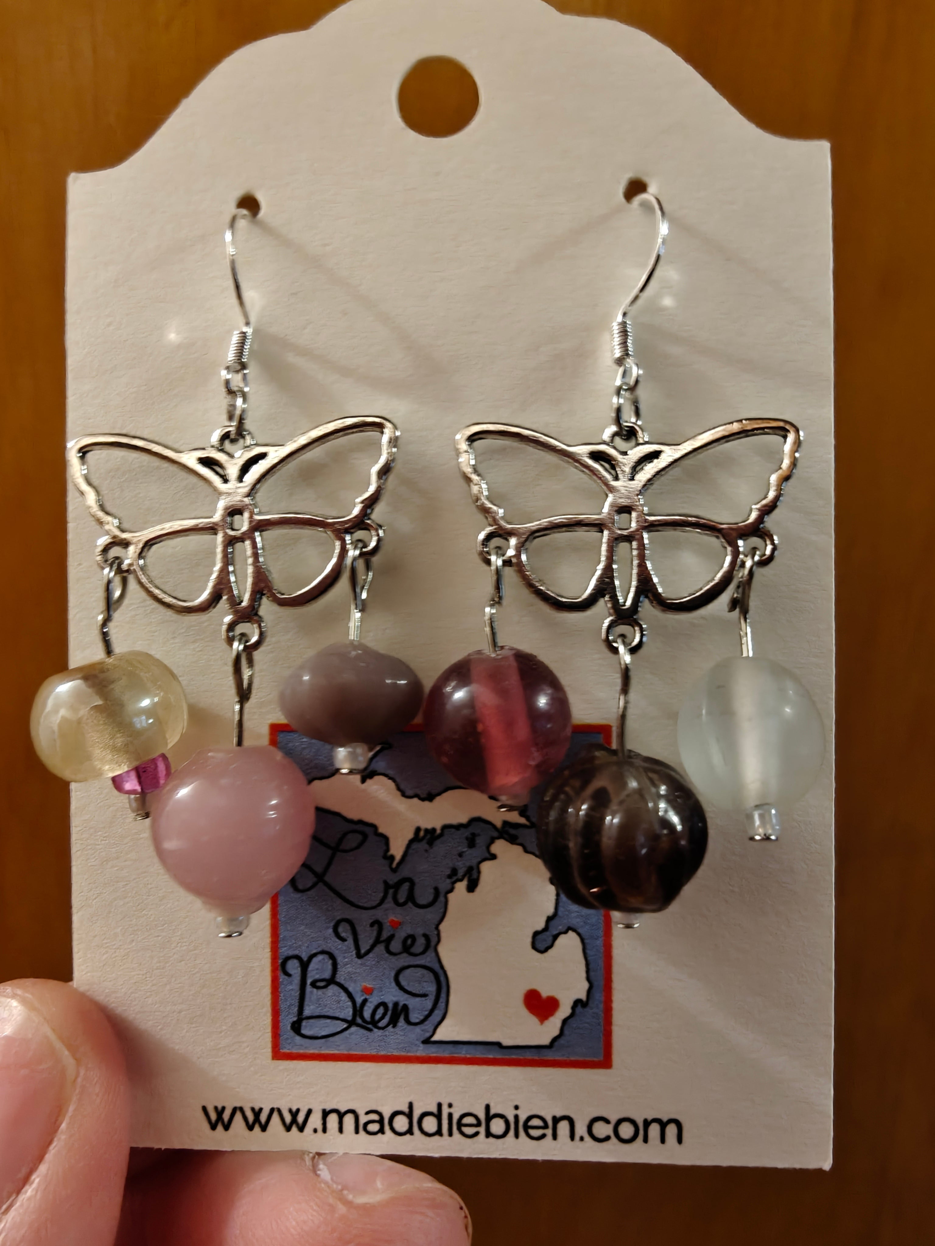 Pastel dreams beaded butterfly earrings, pink purple and white, silver hardware