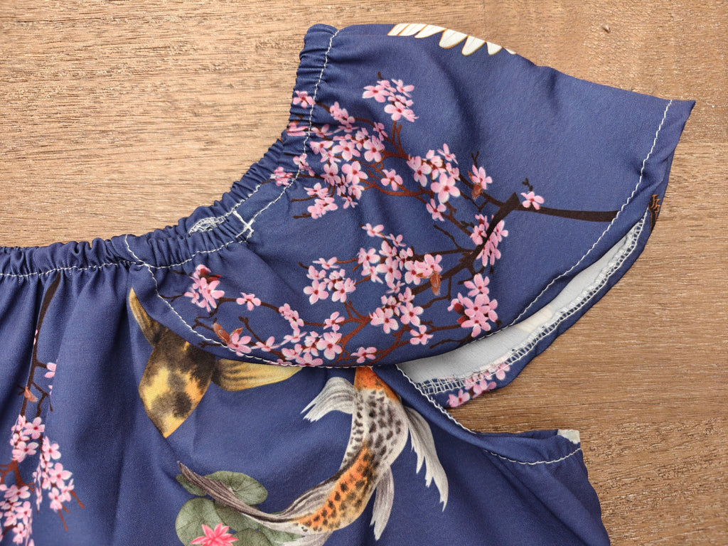 Cranes, Koi and Cherry Blossoms Women's Off The Shoulder Top "Sakura Dreams" - For summer date nights