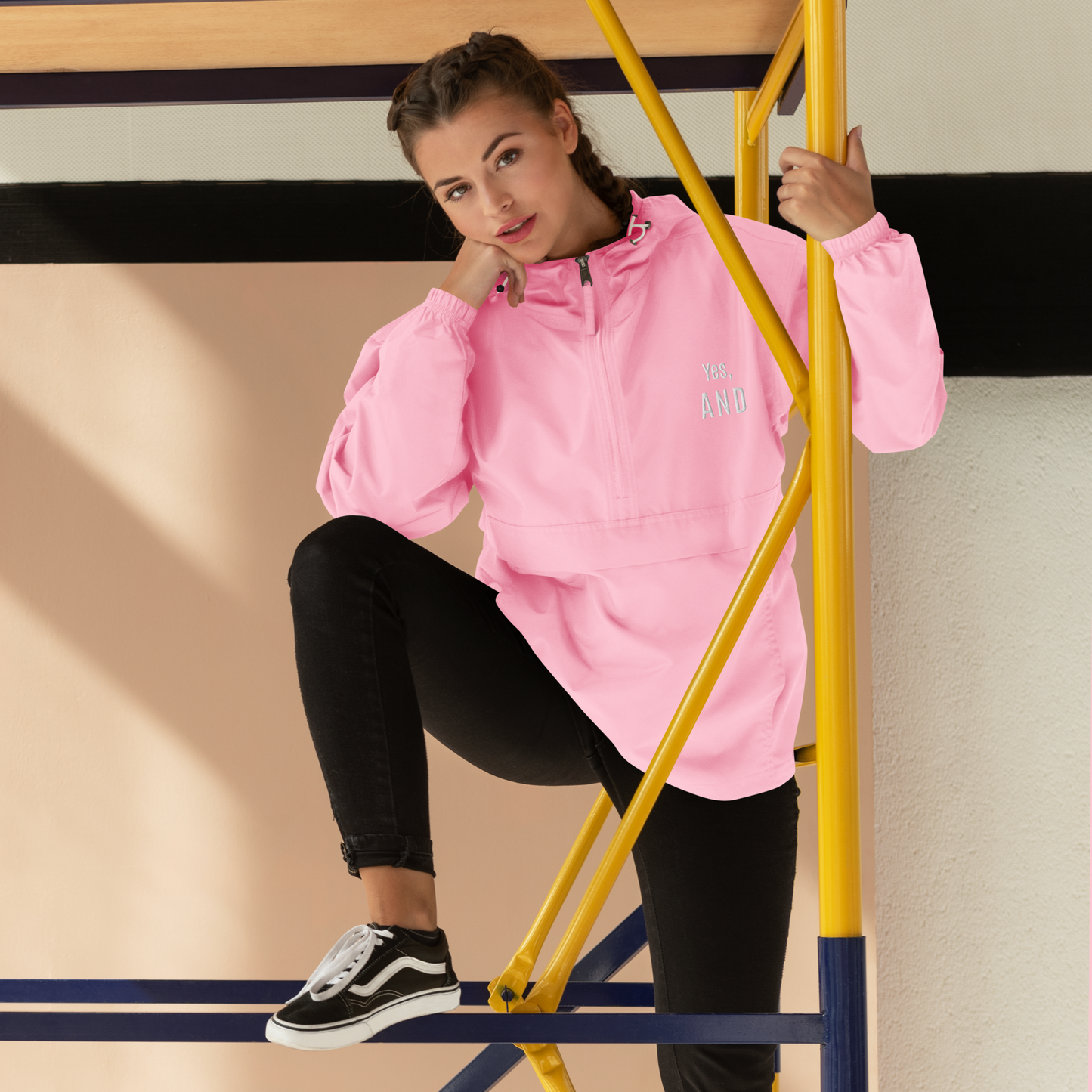 Yes, AND Embroidered Champion Packable Jacket, for improv lovers