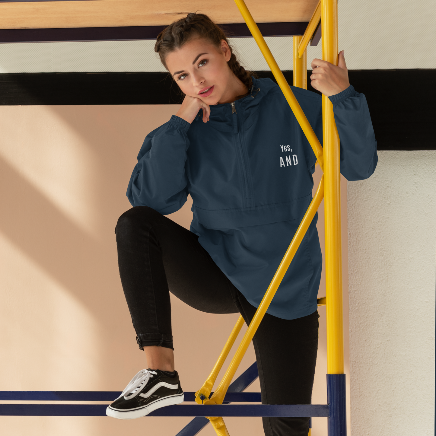 Yes, AND Embroidered Champion Packable Jacket, for improv lovers