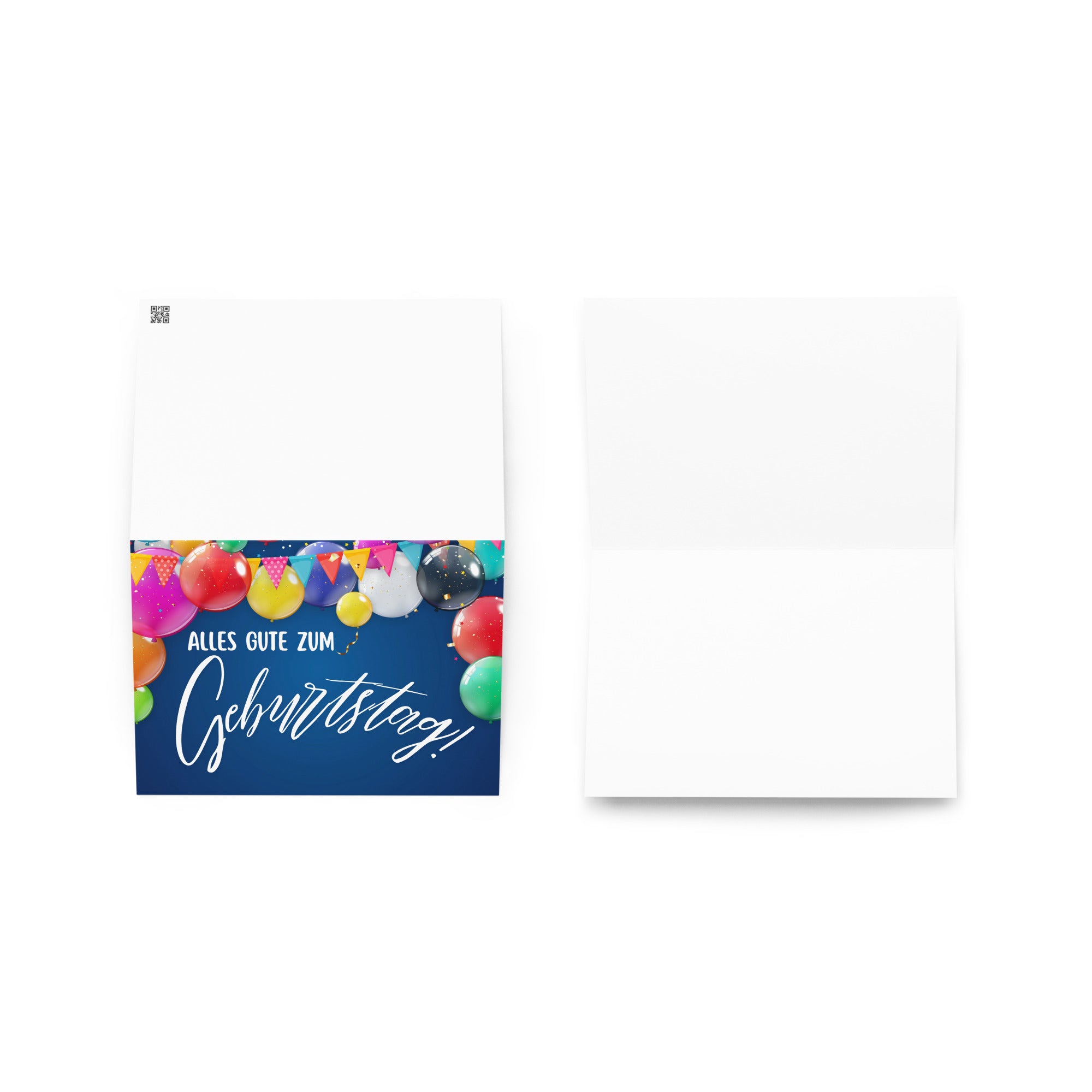 German birthday greeting card featuring "Alles Gute zum Geburtstag" text in white script on navy blue background, decorated with colorful balloons in pink, red, yellow, green, and blue, along with festive bunting banners and confetti