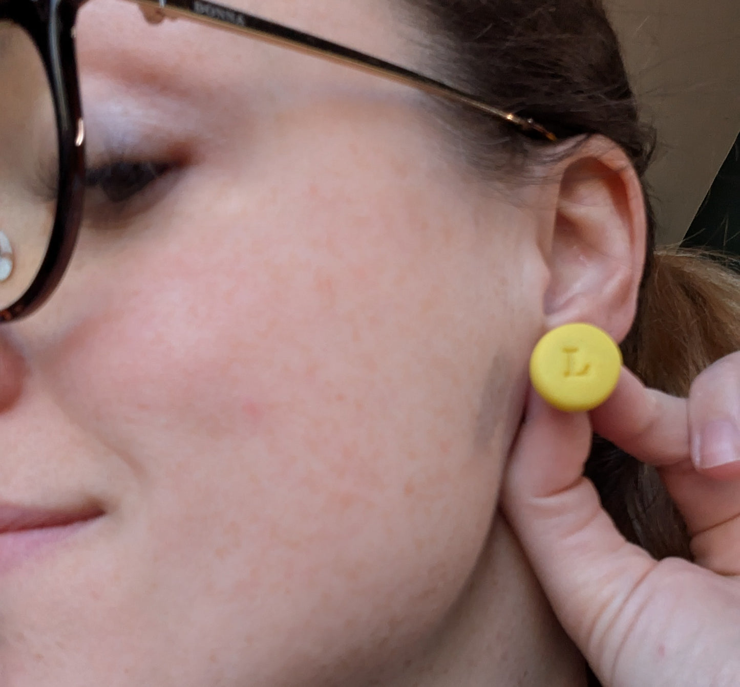 Dainty yellow letter L clay initial letter earrings