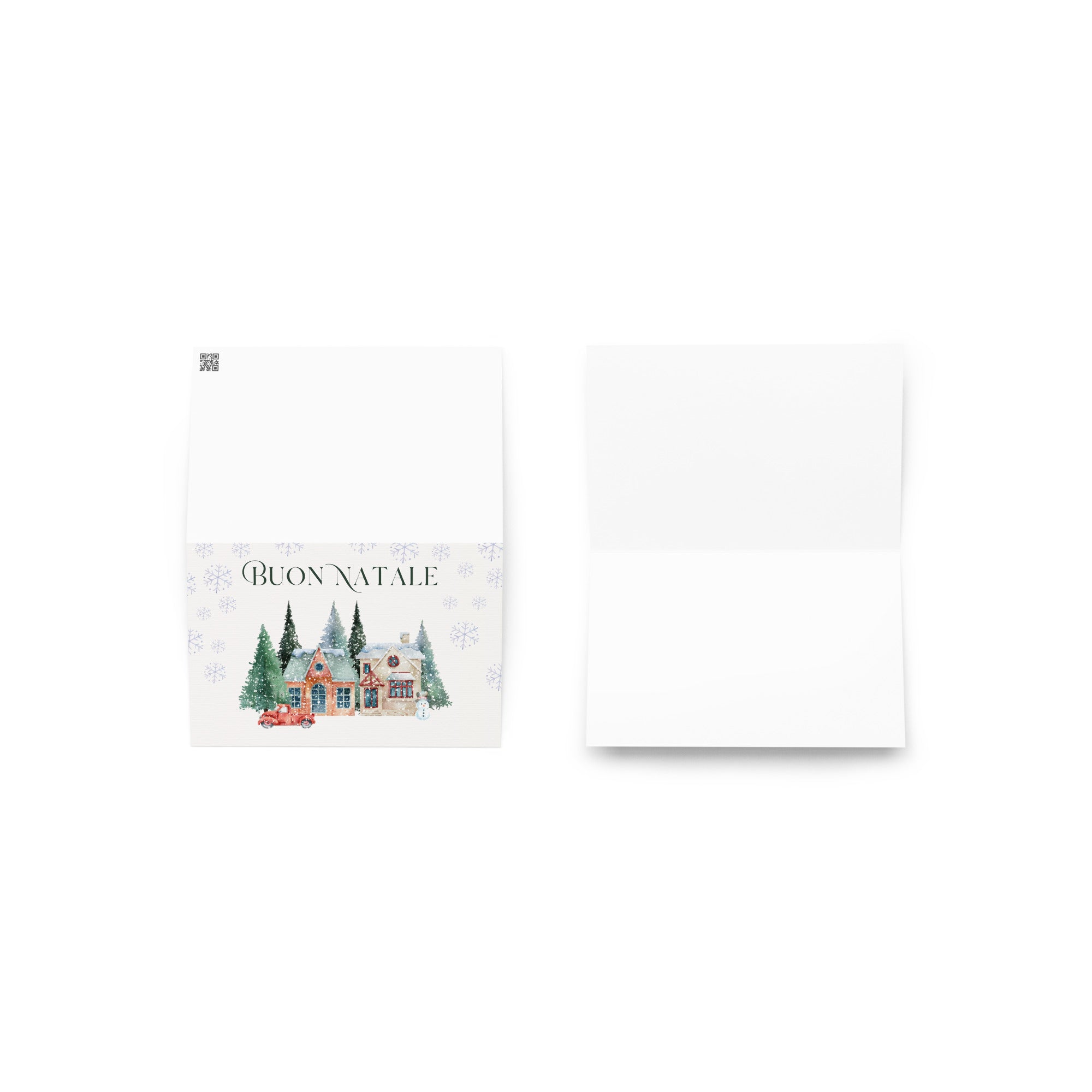 Italian Christmas greeting card featuring "Buon Natale" text with watercolor illustration of snowy village scene with cottages, pine trees, snowman, and vintage truck surrounded by delicate snowflake pattern