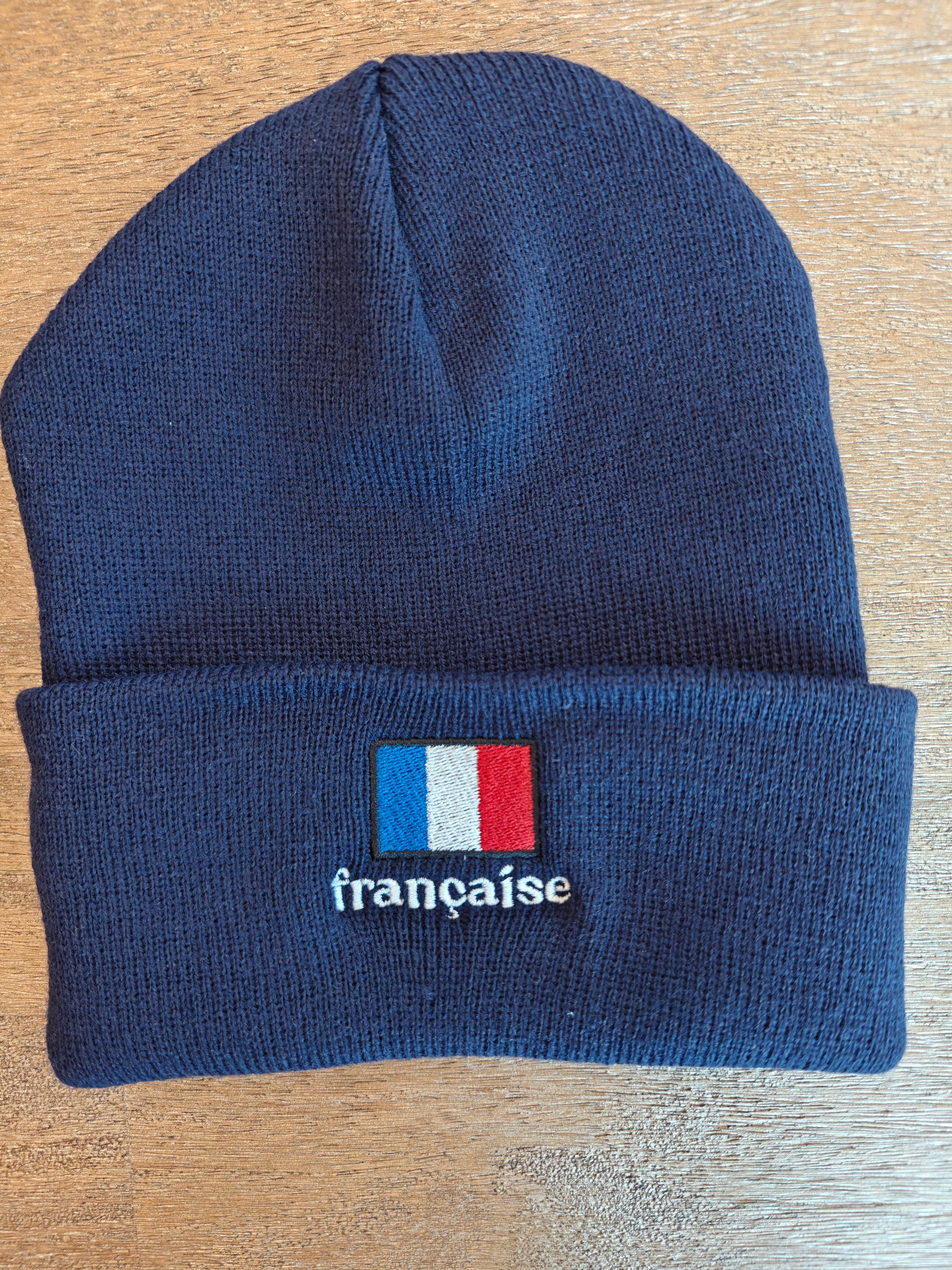 Française French flag embroidered Cuffed Beanie for French cultural gifting, cold weather hat