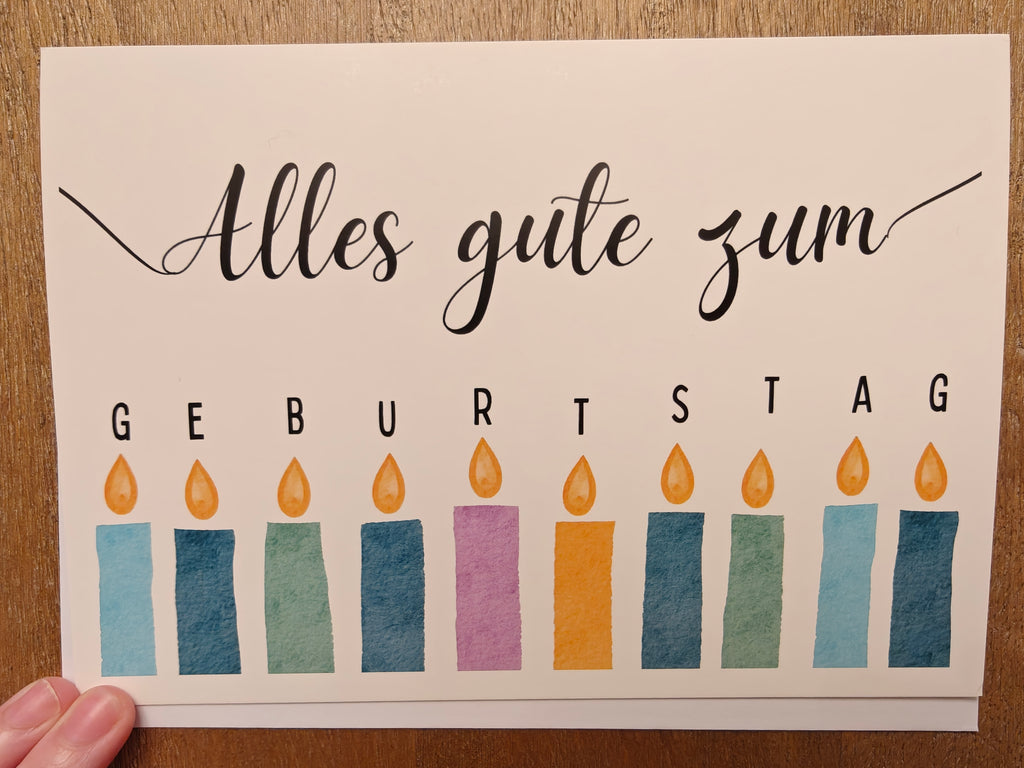 Alles gute zum geburtstag German birthday Greeting card with candle design, blank inside with envelope