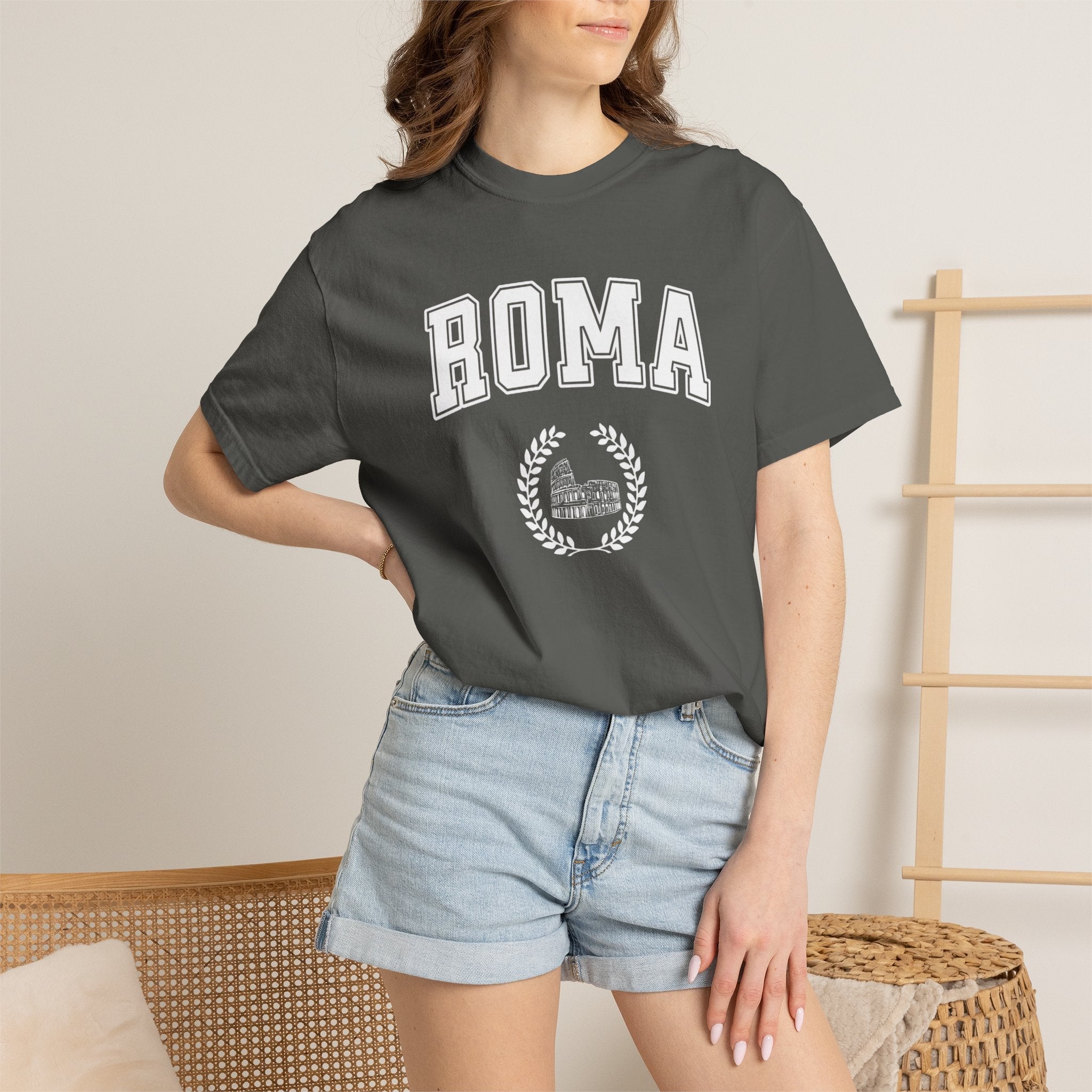 Roma College-Style T-Shirt — Vintage Italian Travel Tee with Colosseum graphic T-Shirt La Vie Bien Roma College-Style T-Shirt — Vintage Italian Travel Tee with Colosseum graphic