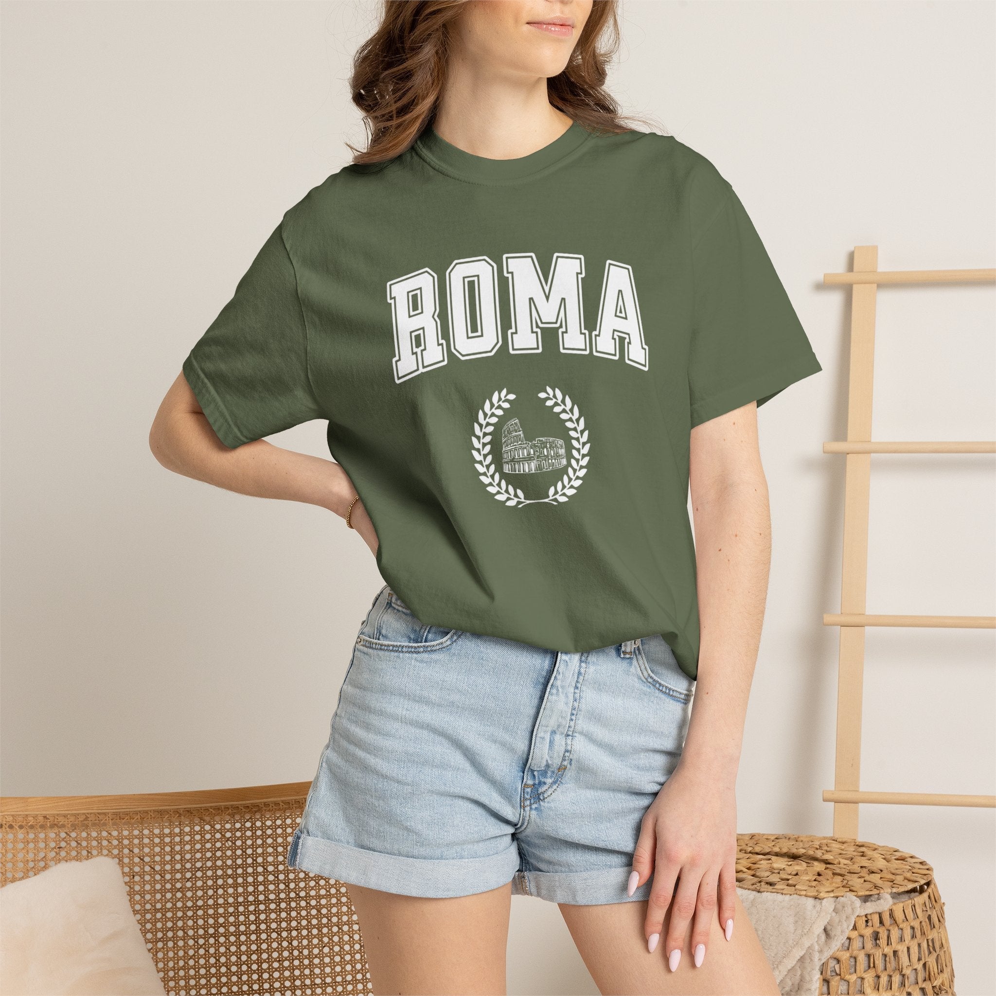 Roma College-Style T-Shirt — Vintage Italian Travel Tee with Colosseum graphic T-Shirt La Vie Bien Roma College-Style T-Shirt — Vintage Italian Travel Tee with Colosseum graphic