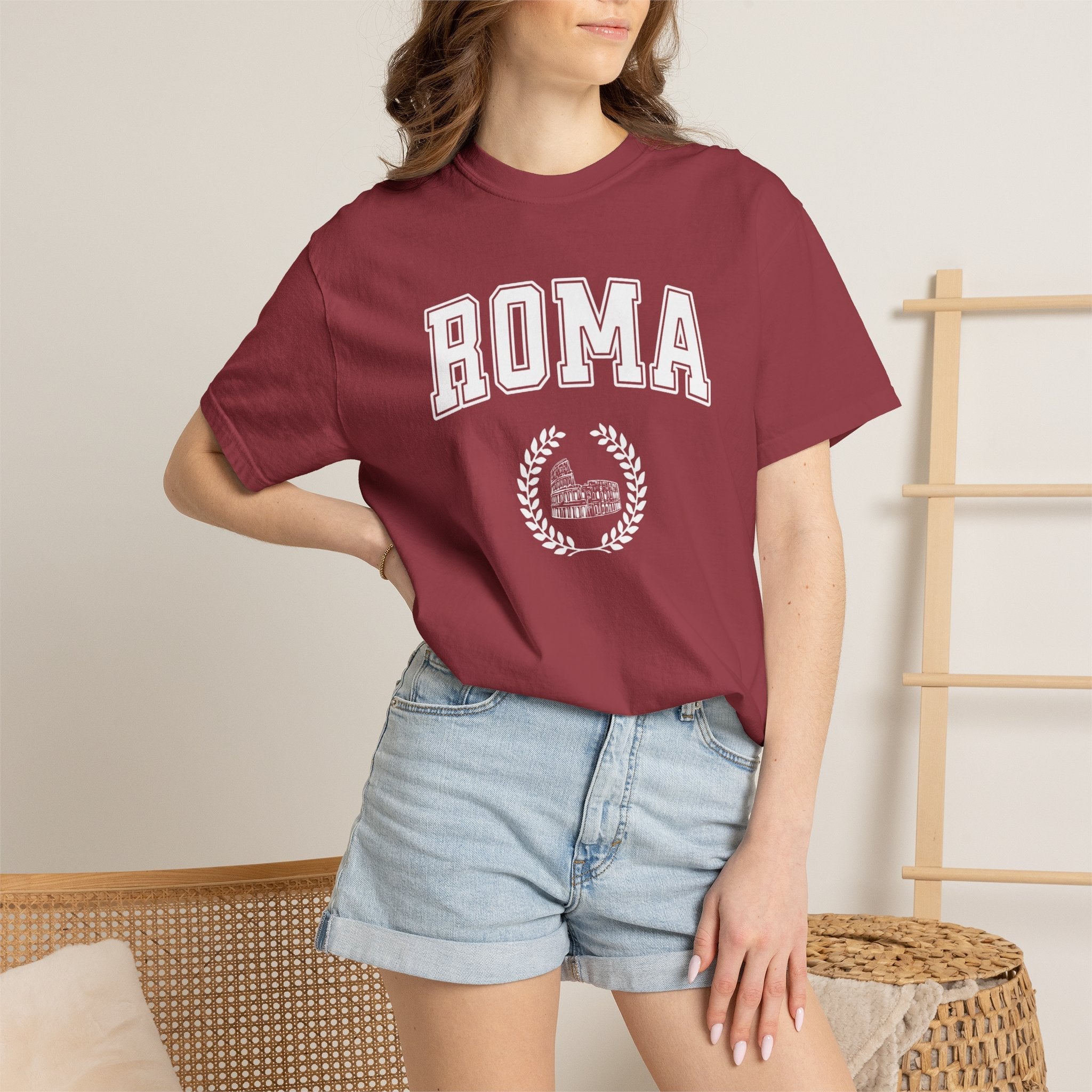 Roma College-Style T-Shirt — Vintage Italian Travel Tee with Colosseum graphic T-Shirt La Vie Bien Roma College-Style T-Shirt — Vintage Italian Travel Tee with Colosseum graphic