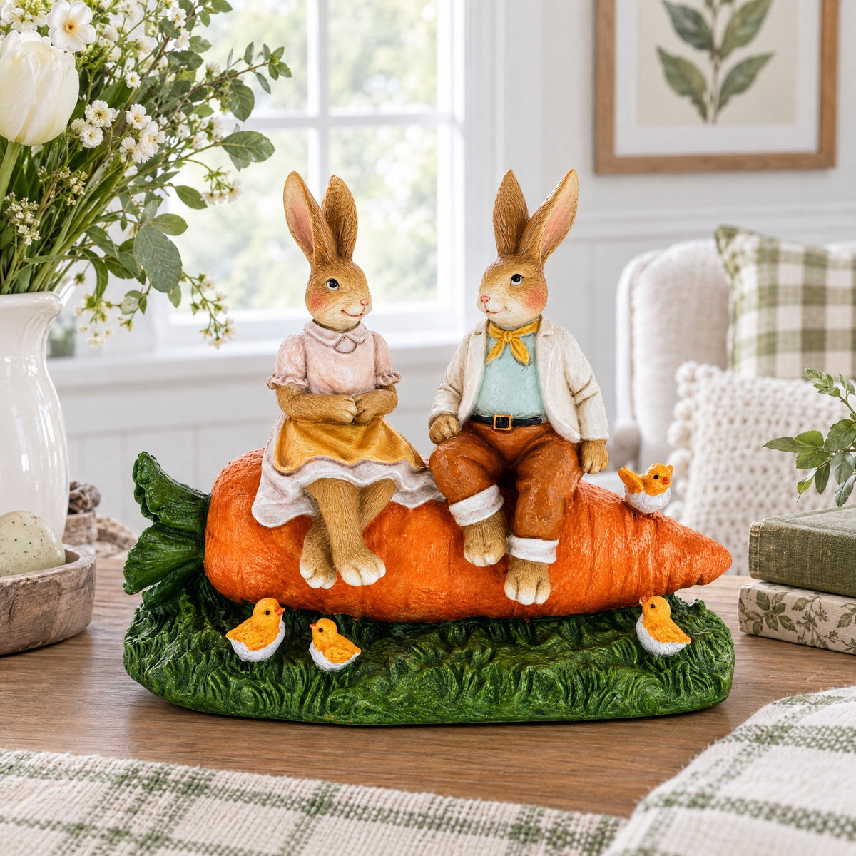 Romantic Easter Bunny Pair on Carrot with Chicks Spring Decor 6.3 Inches Tall Easter > Figurines > Bunnies La Vie Bien Romantic Easter Bunny Pair on Carrot with Chicks Spring Decor 6.3 Inches Tall