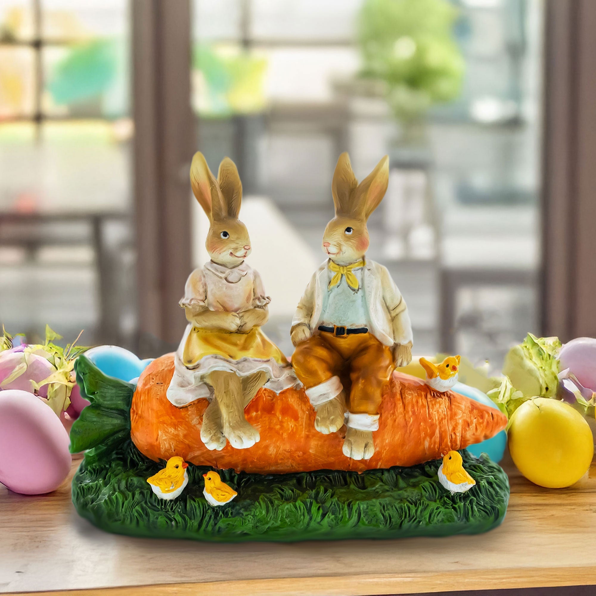 Romantic Easter Bunny Pair on Carrot with Chicks Spring Decor 6.3 Inches Tall Easter > Figurines > Bunnies La Vie Bien Romantic Easter Bunny Pair on Carrot with Chicks Spring Decor 6.3 Inches Tall